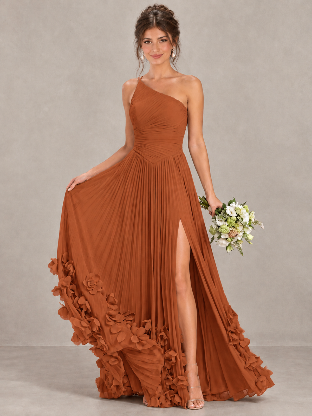 BOLODOO Burnt Orange One-Shoulder Pleated Bridesmaid Dress with 3D Floral Hem - Burnt Orange - Burnt Orange_4