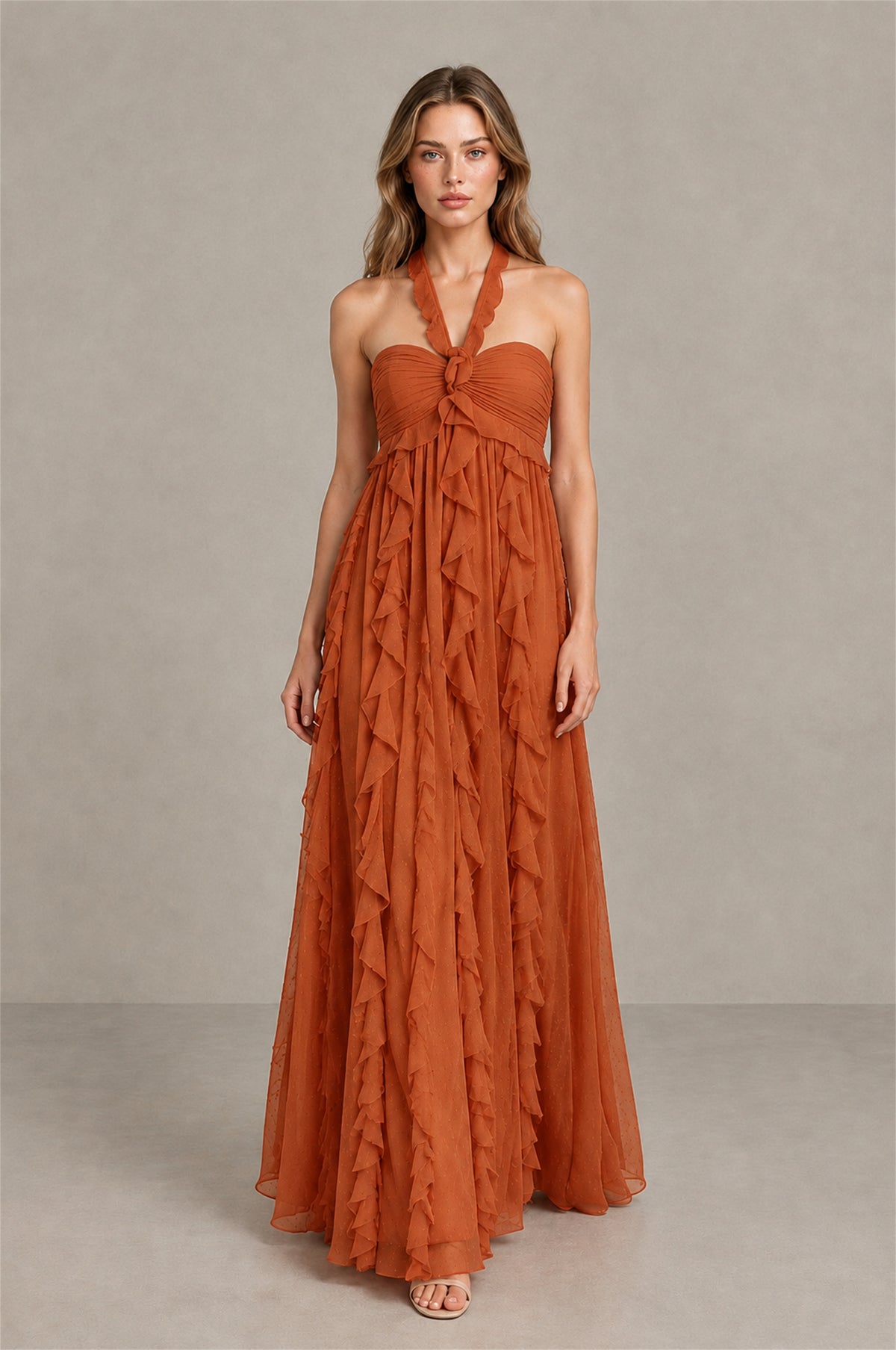 BOLODOO Burnt Orange Halter Ruffle A-Line Floor-Length Evening Dress - Burnt Orange - Burnt_Orange_4
