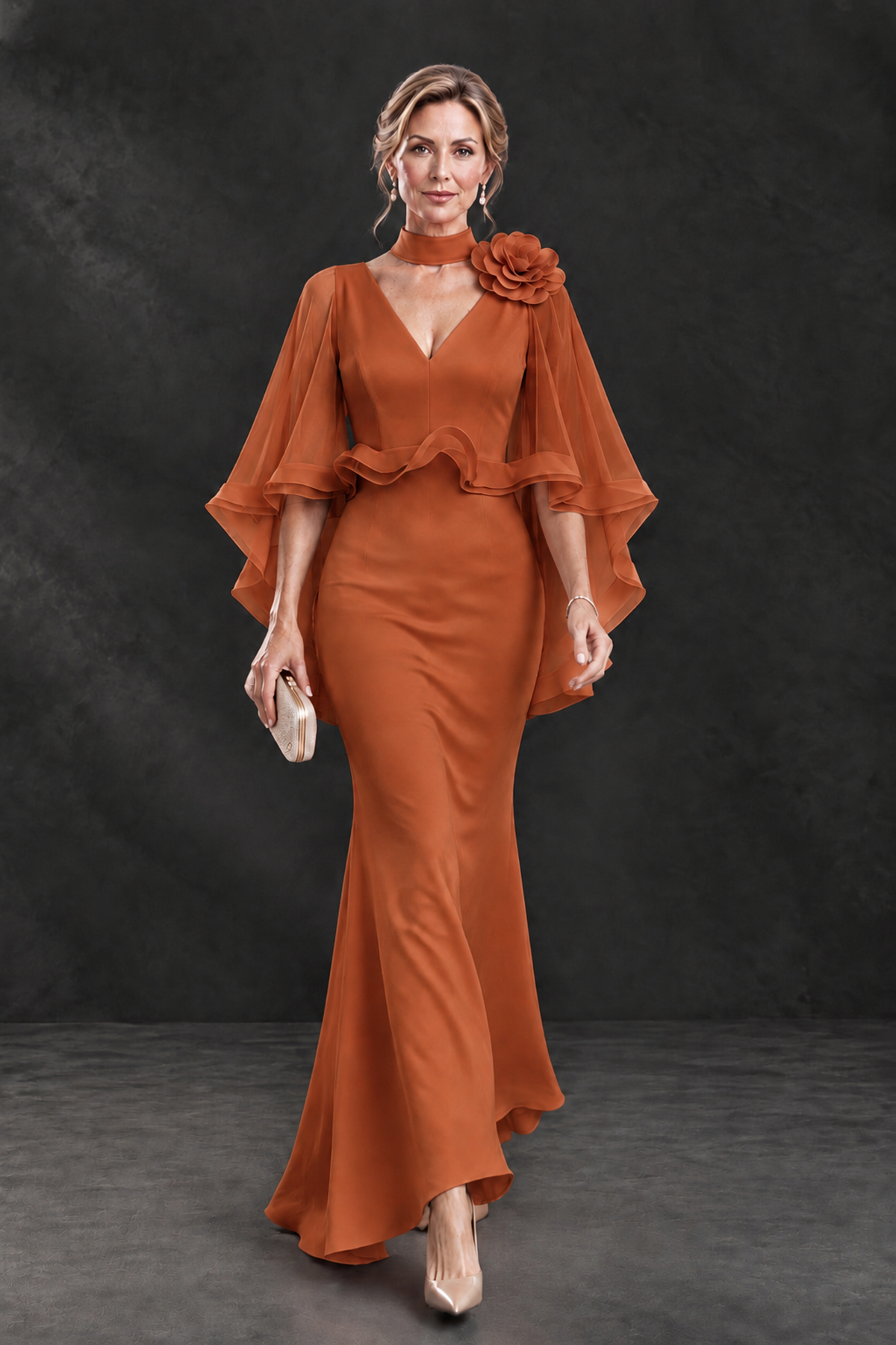 BOLODOO Burnt Orange Floral Cape Sleeve Mother of the Bride Dress - Burnt Orange - Burnt_Orange_4