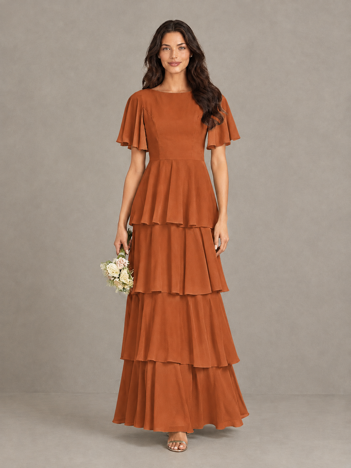 BOLODOO Burnt Orange Tiered Flutter Sleeve Bridesmaid Dress - Burnt Orange - Burnt Orange_4