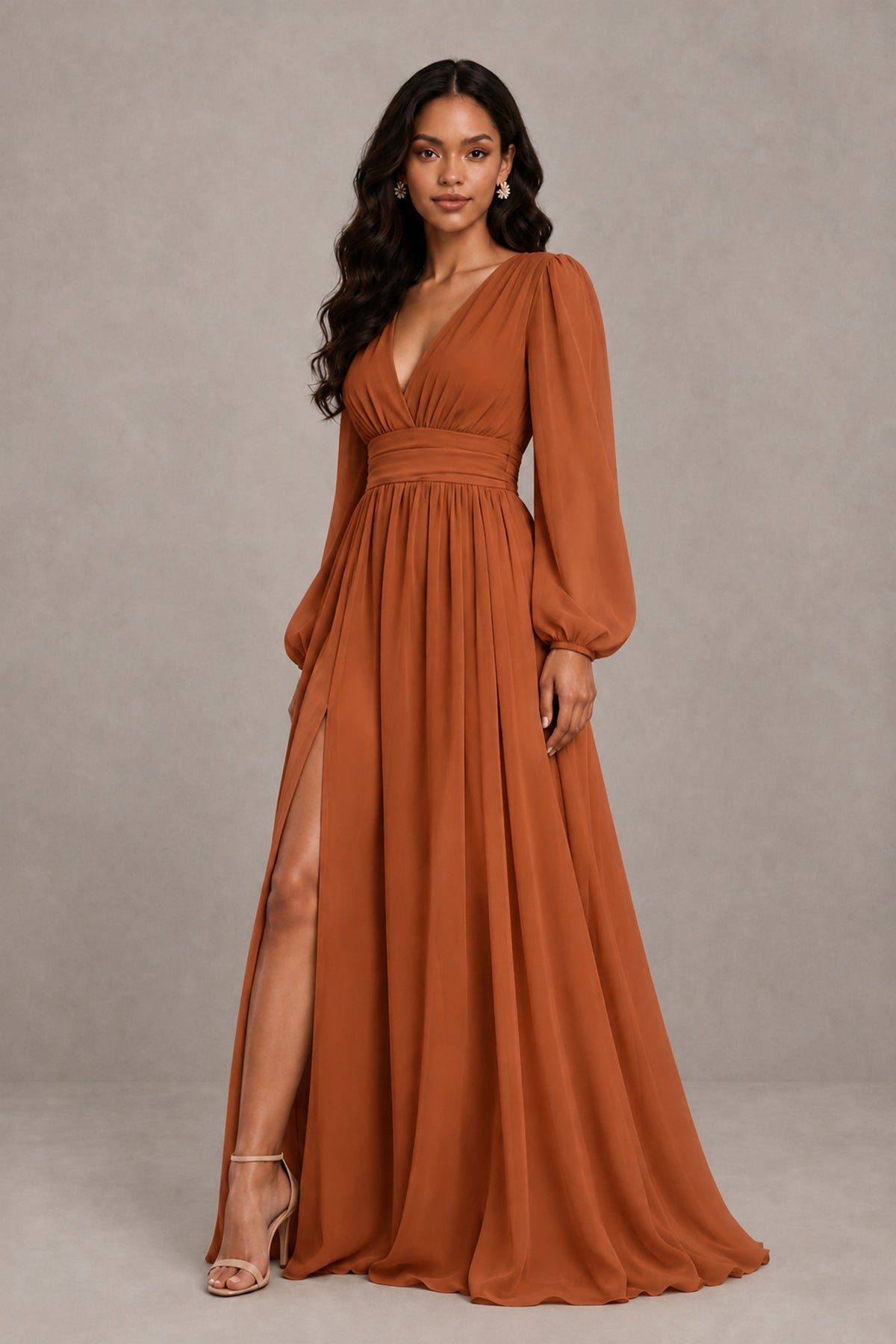 BOLODOO Burnt Orange Long Sleeve V-Neck A-Line Gown with Open Back & Slit - Burnt Orange - Burnt Orange_4