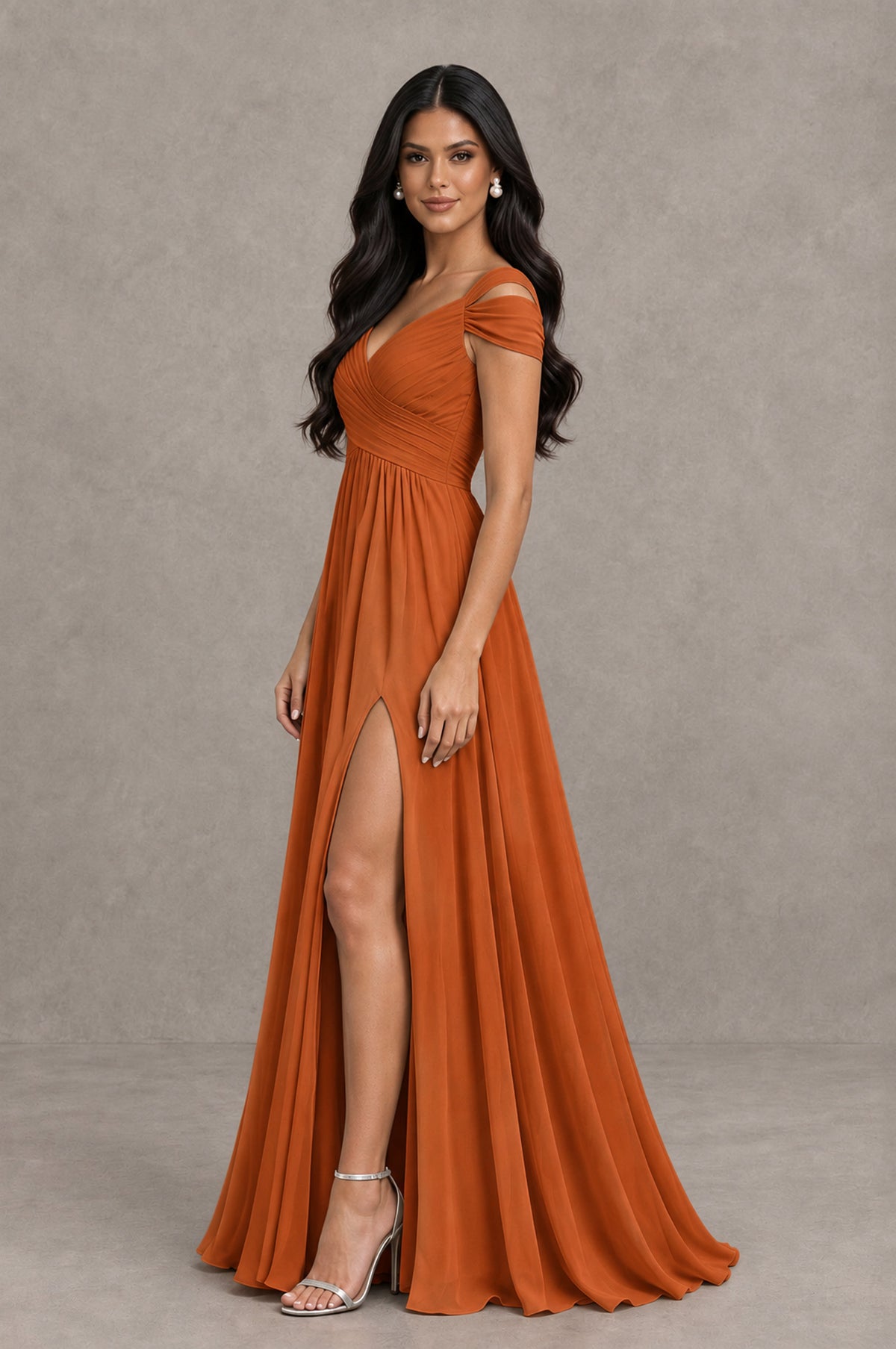BOLODOO Burnt Orange Cold Shoulder Chiffon Evening Dress with V Neck and High Slit - Burnt Orange - Burnt Orange_4