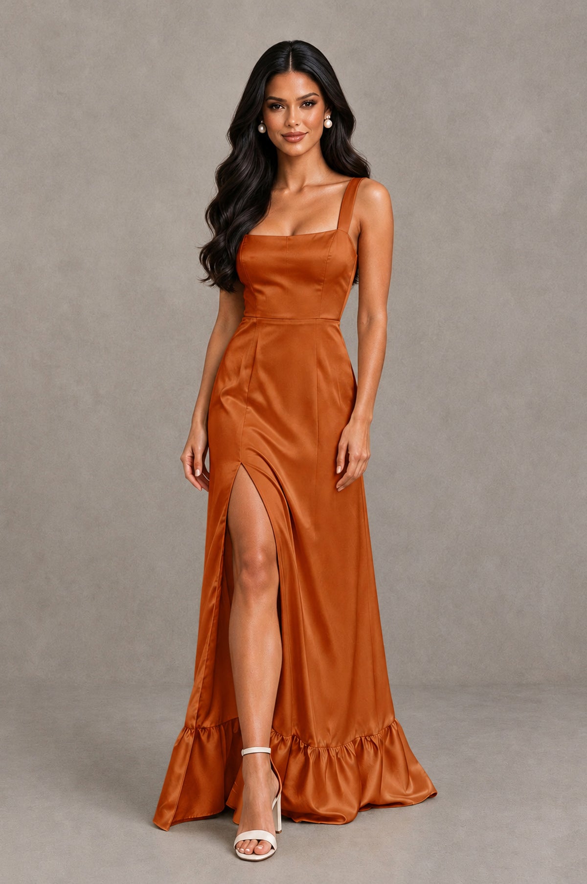 BOLODOO Burnt Orange Square Neck Satin Evening Dress with Lace-Up Back and High Slit - Burnt Orange - Burnt Orange_4