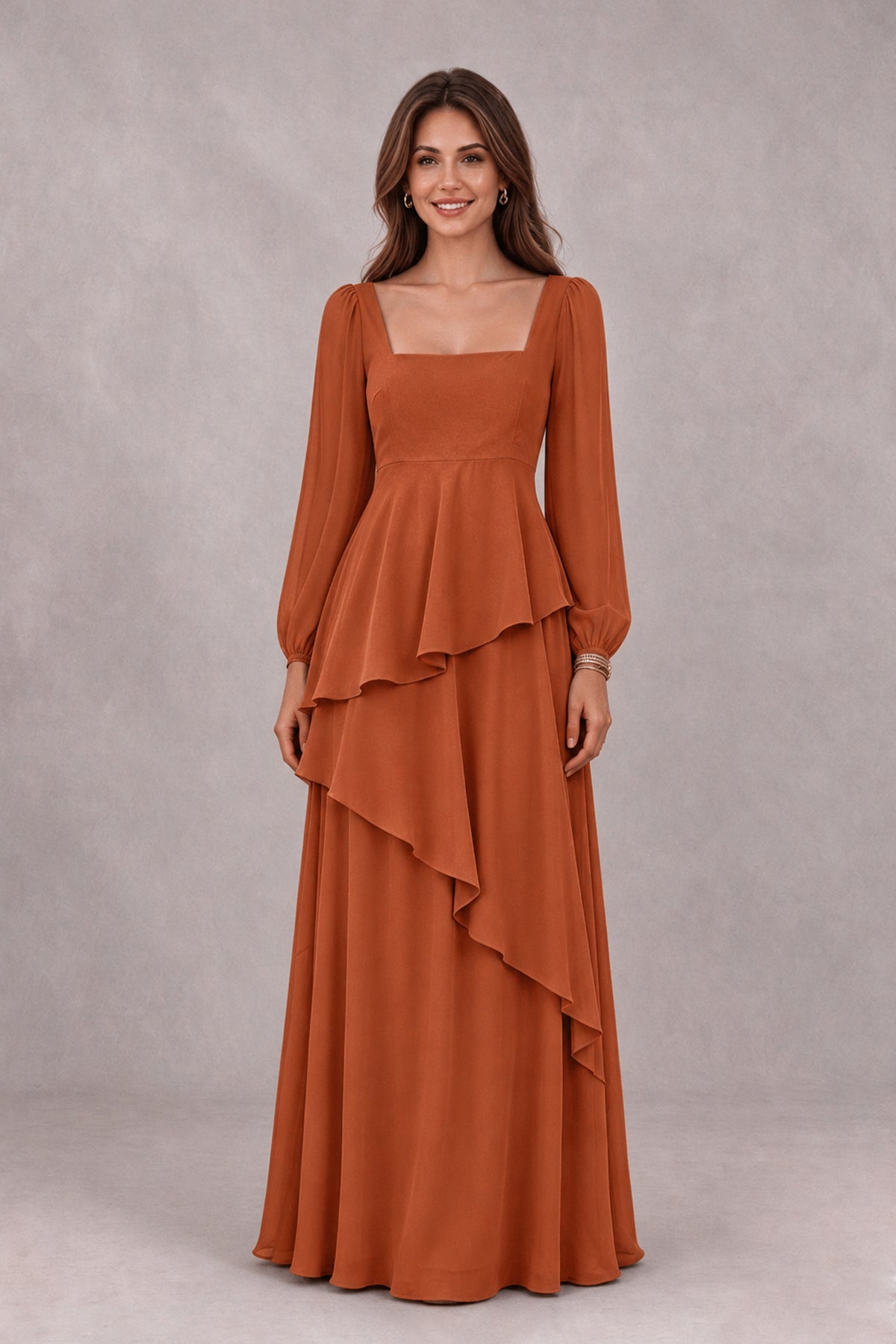 BOLODOO Burnt Orange Long Sleeve Ruffle Bridesmaid Dresses - Burnt Orange - Burnt Orange_4