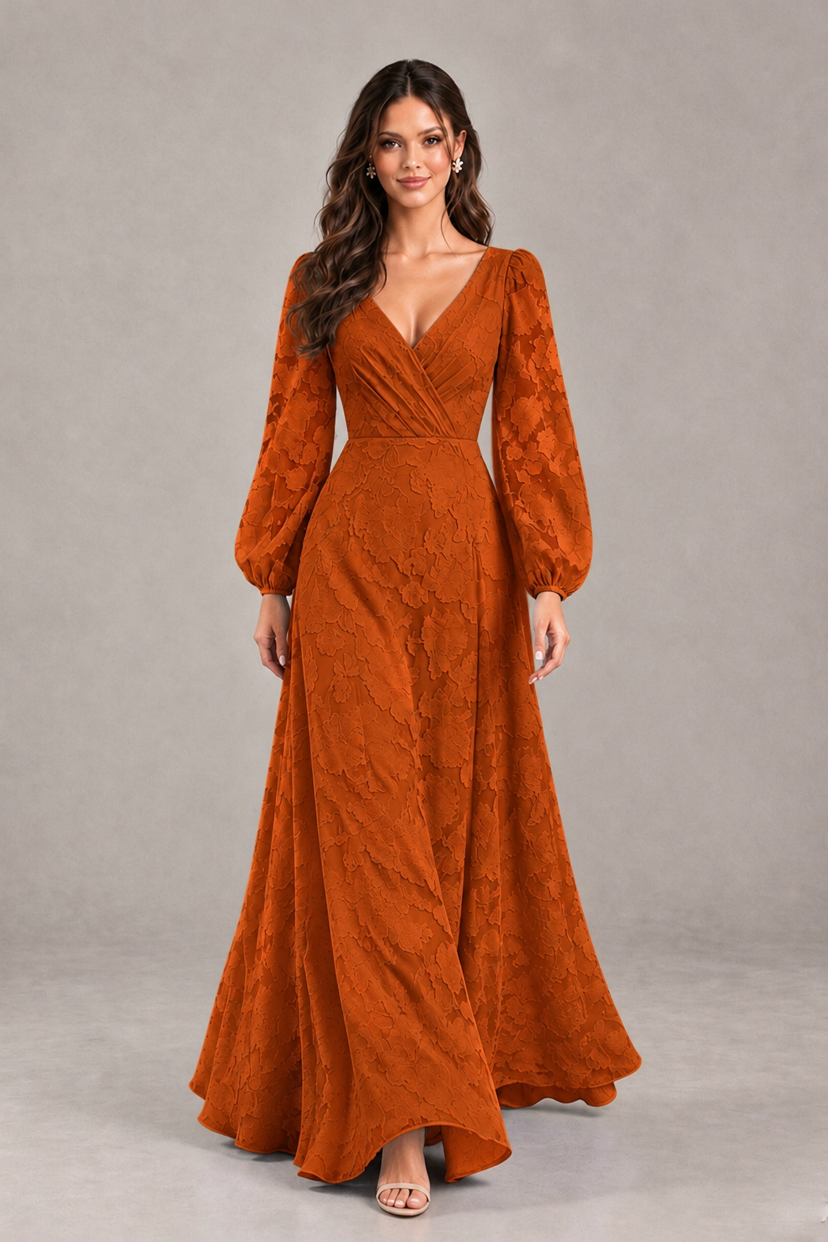 BOLODOO Burnt Orange Long Sleeve V-Neck A-Line Mother of the Bride Dress - Burnt Orange - Burnt Orange_4