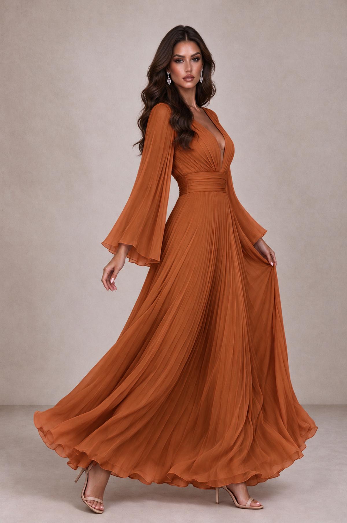 BOLODOO Burnt Orange Pleated Deep V-Neck Long Bell Sleeve Evening Dress - Burnt Orange - Burnt_Orange_4