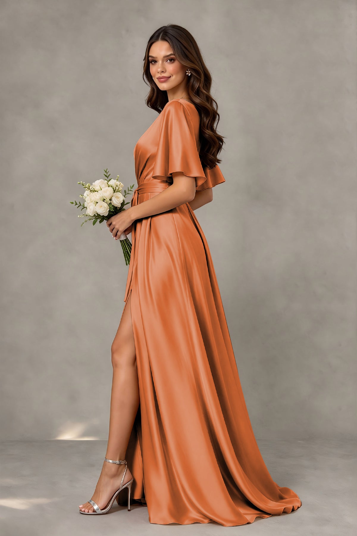 BOLODOO Burnt Orange Satin V-Neck Flutter Sleeve Bridesmaid Dress with Slit - Burnt Orange - Burnt Orange(4)