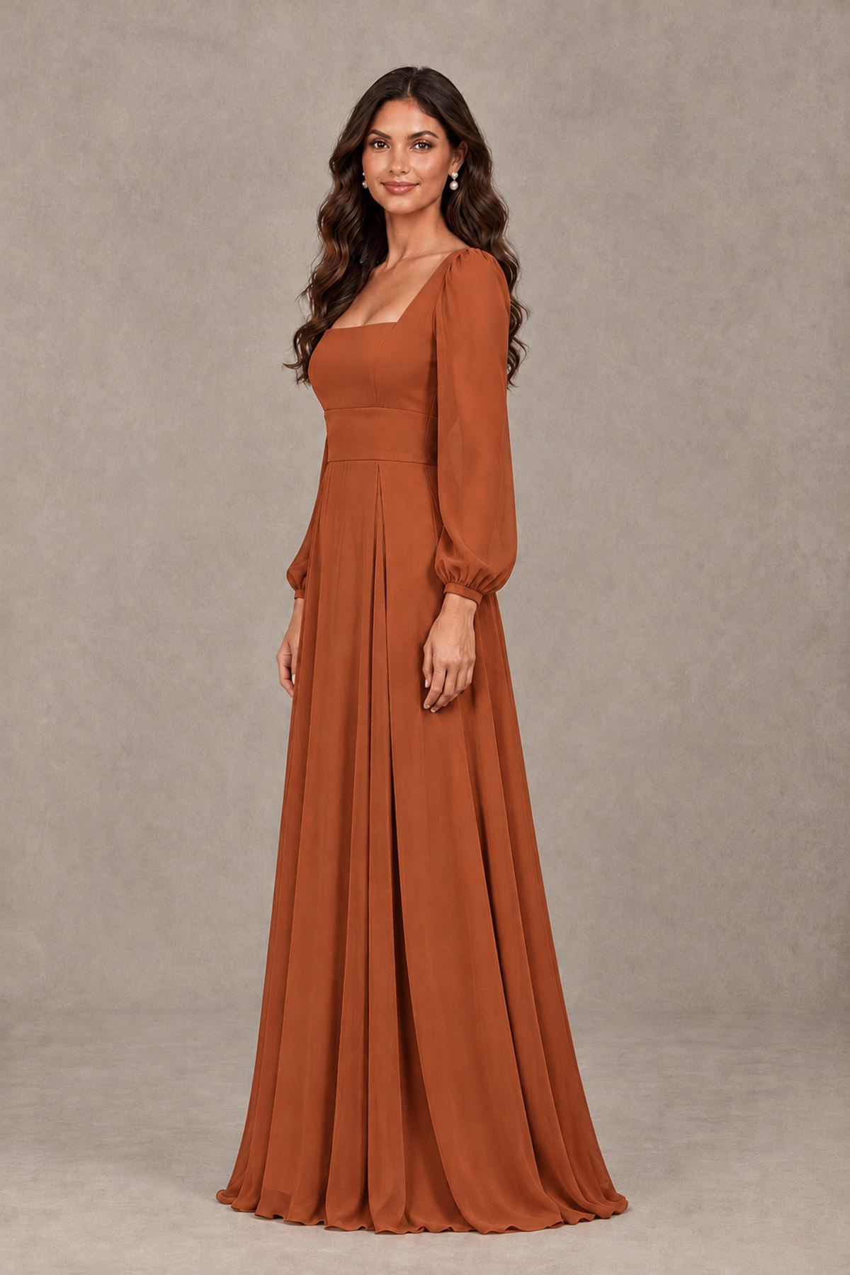 BOLODOO Burnt Orange Square Neck Long Sleeve A-Line Bridesmaid Dress - Burnt Orange - Burnt Orange_4