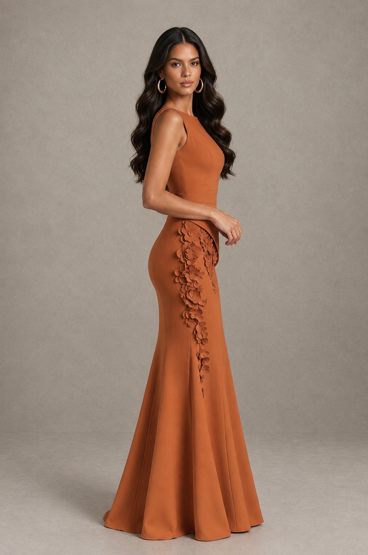 BOLODOO Burnt Orange Bateau Neck Sleeveless Asymmetric Peplum 3D Petal Appliqué Mermaid Gown BD0421 - Burnt Orange - Burnt Orange_4