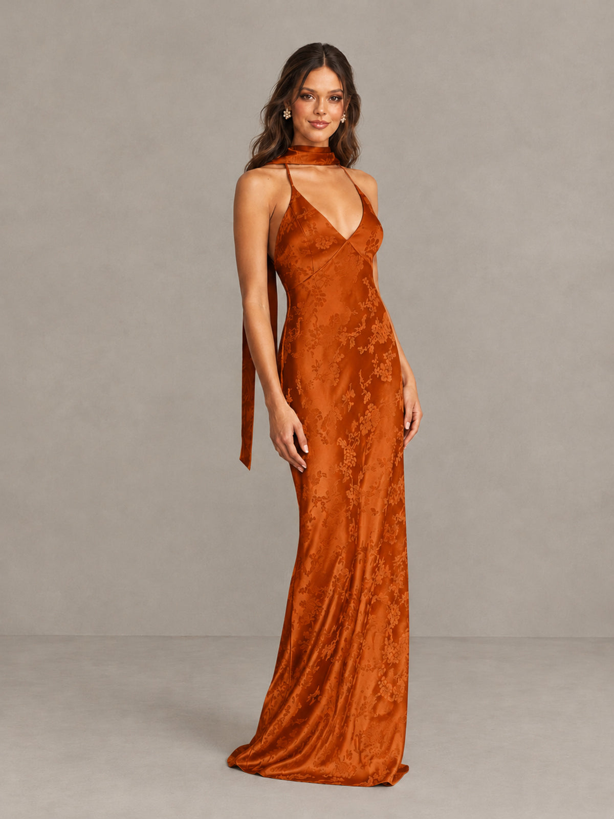 BOLODOO Burnt Orange Floral Satin Open-Back Bridesmaid Dress - Burnt Orange - Burnt Orange_4