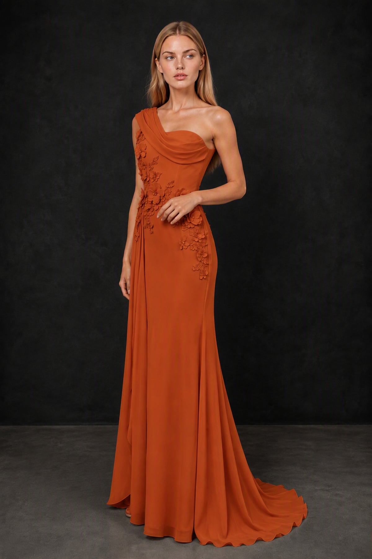 BOLODOO Burnt Orange One-Shoulder 3D Floral Appliqué Chiffon Gown with Open Back - Burnt Orange