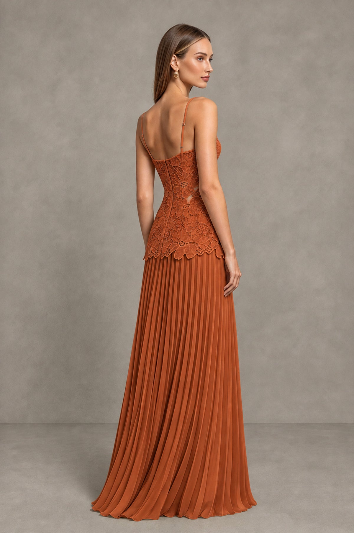 BOLODOO Burnt Orange Lace Bodice Pleated Wedding Guest Dress - Burnt Orange - Burnt Orange_4