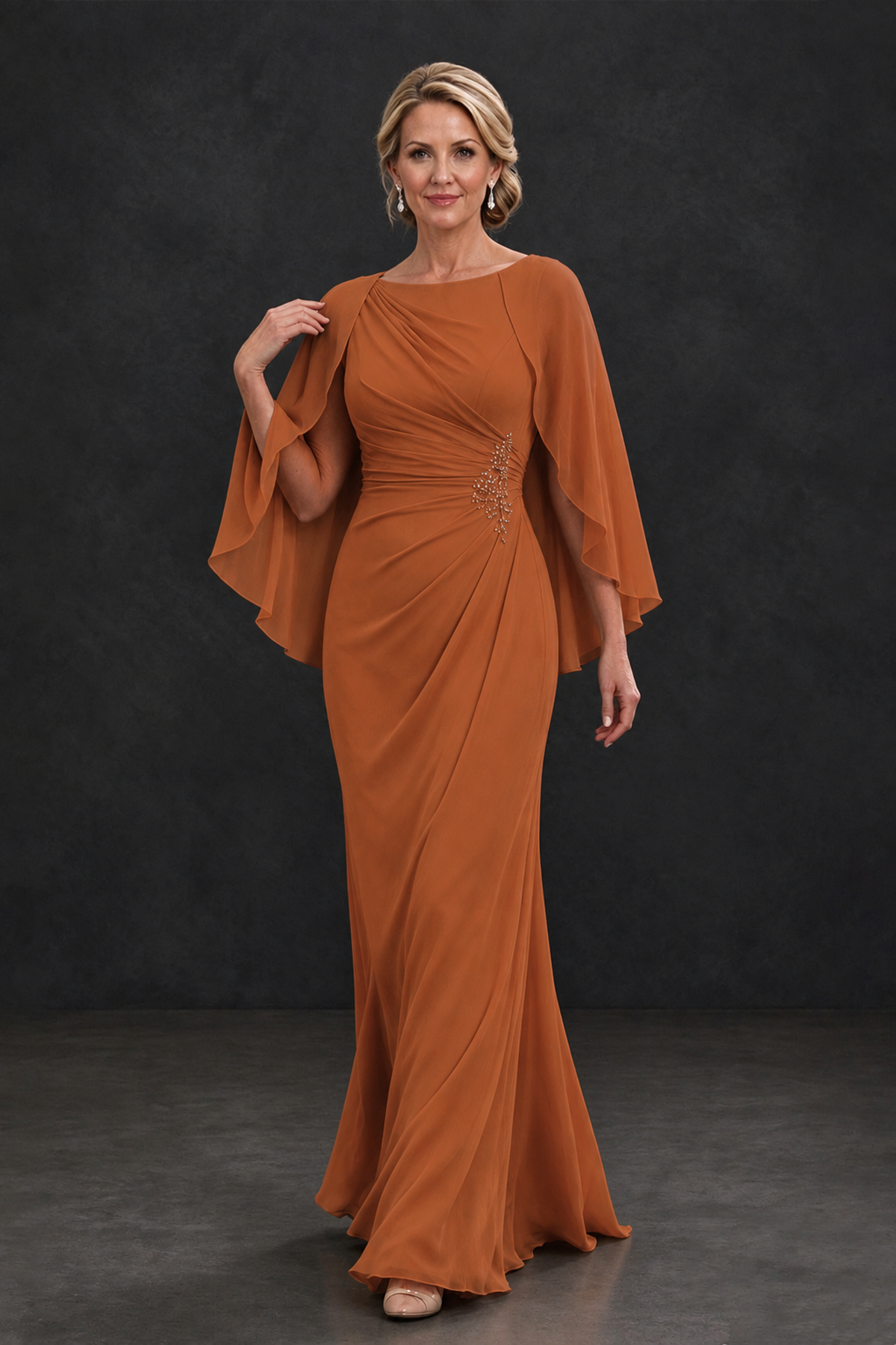 BOLODOO Burnt Orange Cape Sleeve Mother of the Bride Dress with Ruched Waist - Burnt Orange - Burnt Orange_4