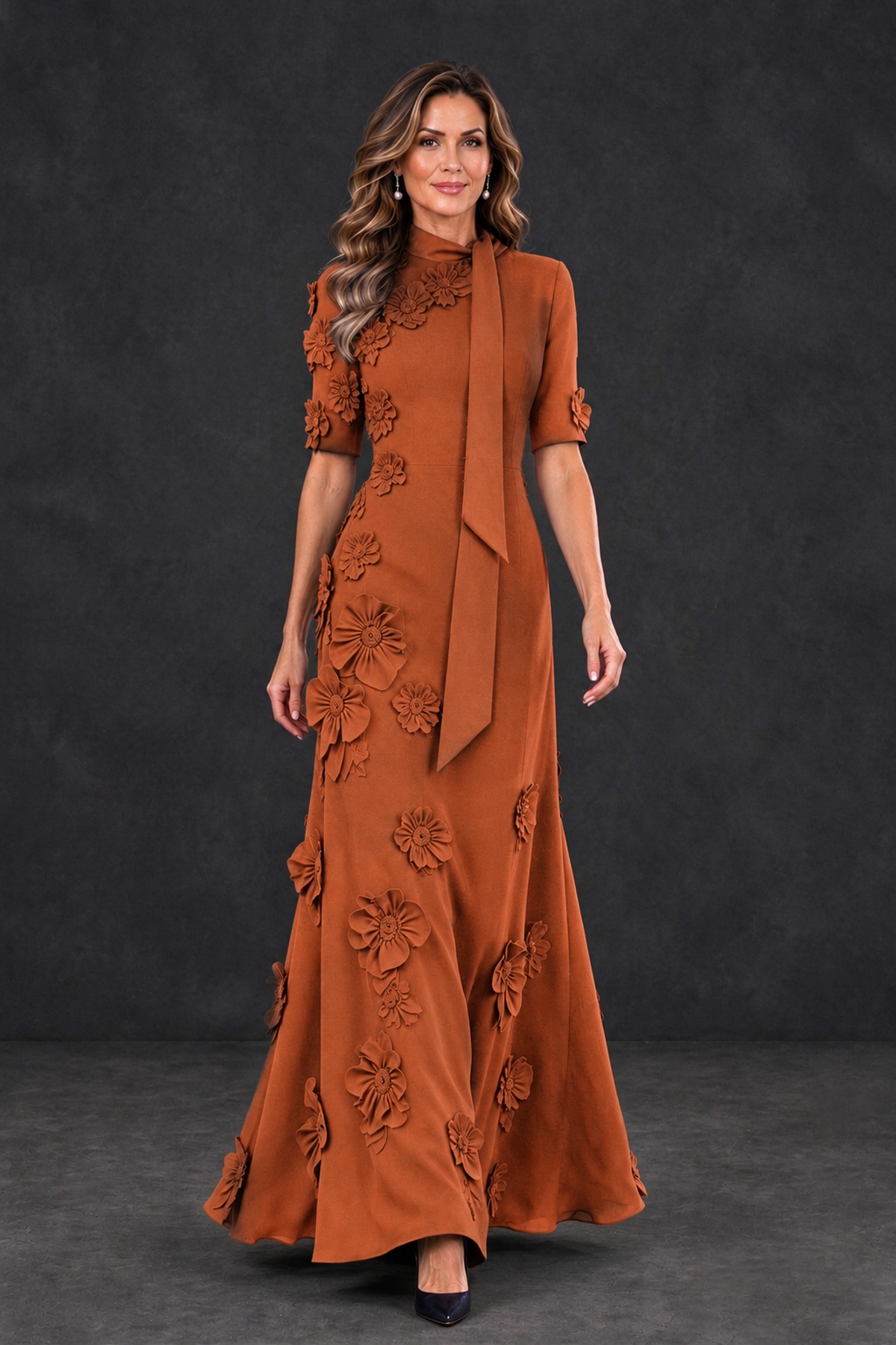 BOLODOO Burnt Orange Floral Applique High-Neck Half-Sleeve Gown - Burnt Orange - Burnt Orange_4