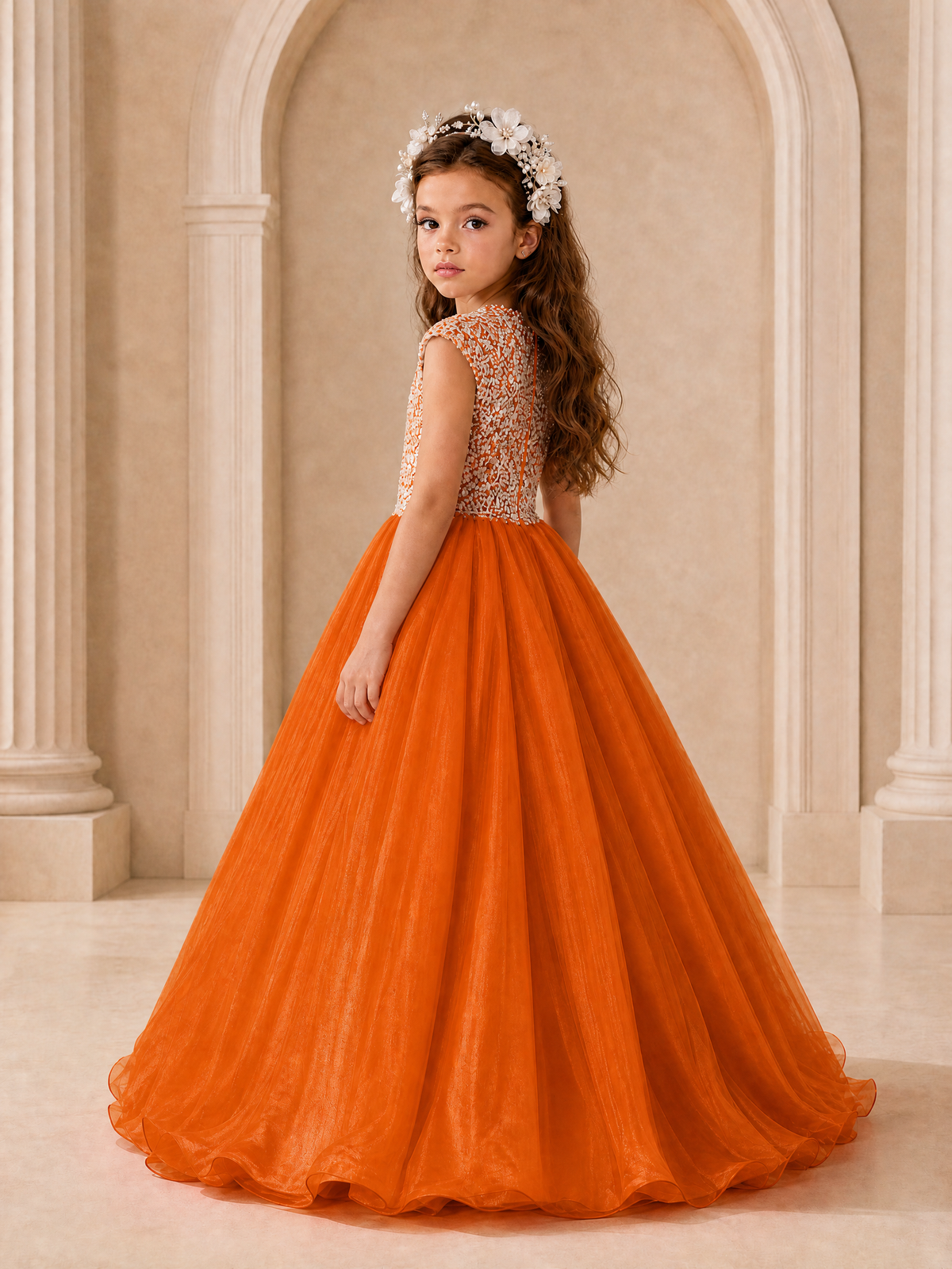 BOLODOO Burnt Orange Sequin Tulle Flower Girl Dress with Cap Sleeves - Burnt Orange - Burnt Orange_4