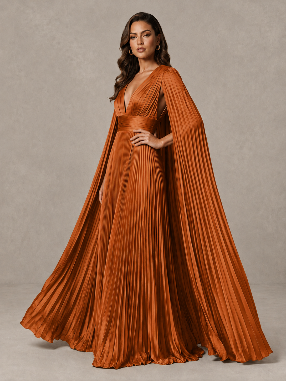 BOLODOO Burnt Orange Deep V-Neck Pleated Cape Sleeve Evening Gown - Burnt Orange - Burnt Orange_4