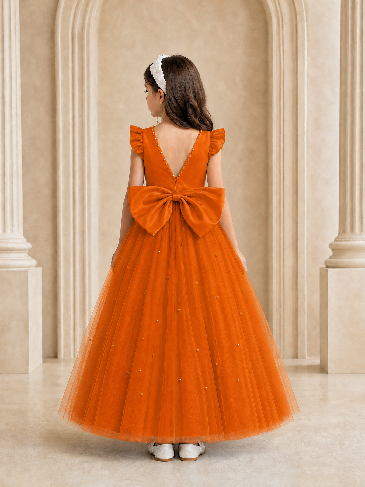 BOLODOO Burnt Orange Tulle Flower Girl Dress with Ruffle Sleeves & Bow Back - Burnt Orange - Burnt_Orange_4