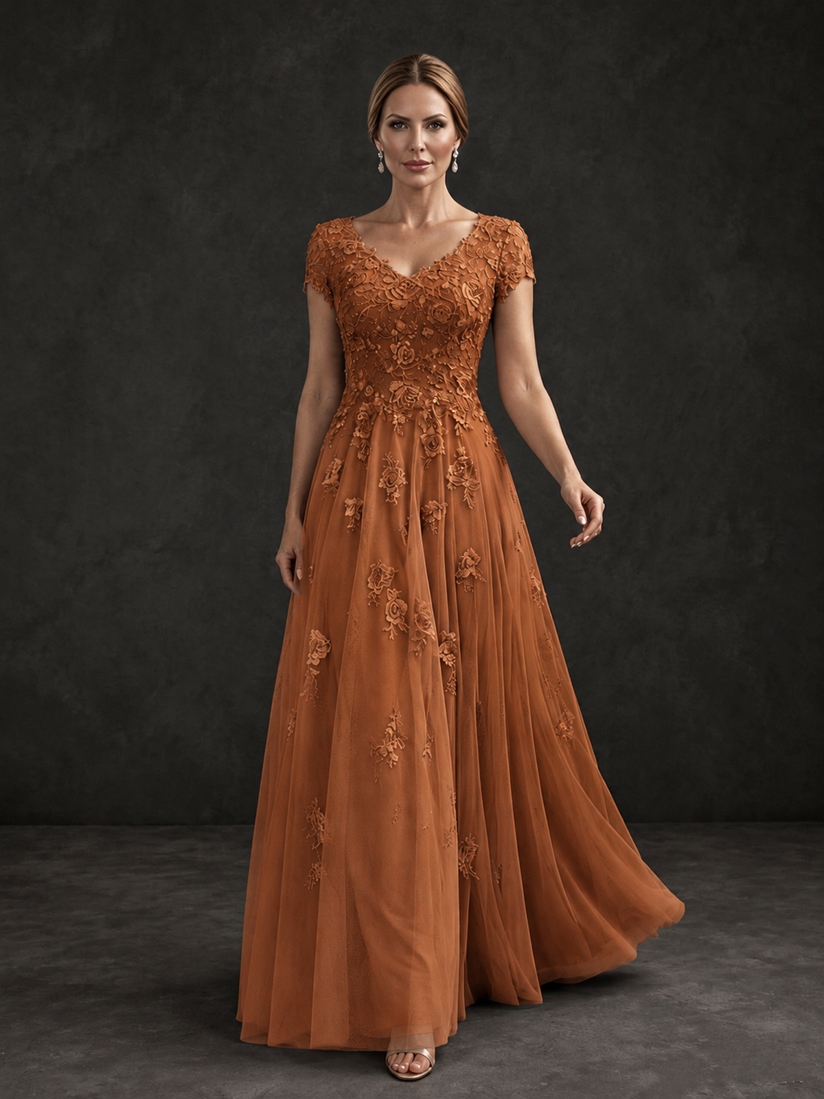 BOLODOO Burnt Orange Cap Sleeve Lace Appliqué A-Line Formal Gown | Mother of the Bride Dress - Burnt Orange - Burnt Orange_4