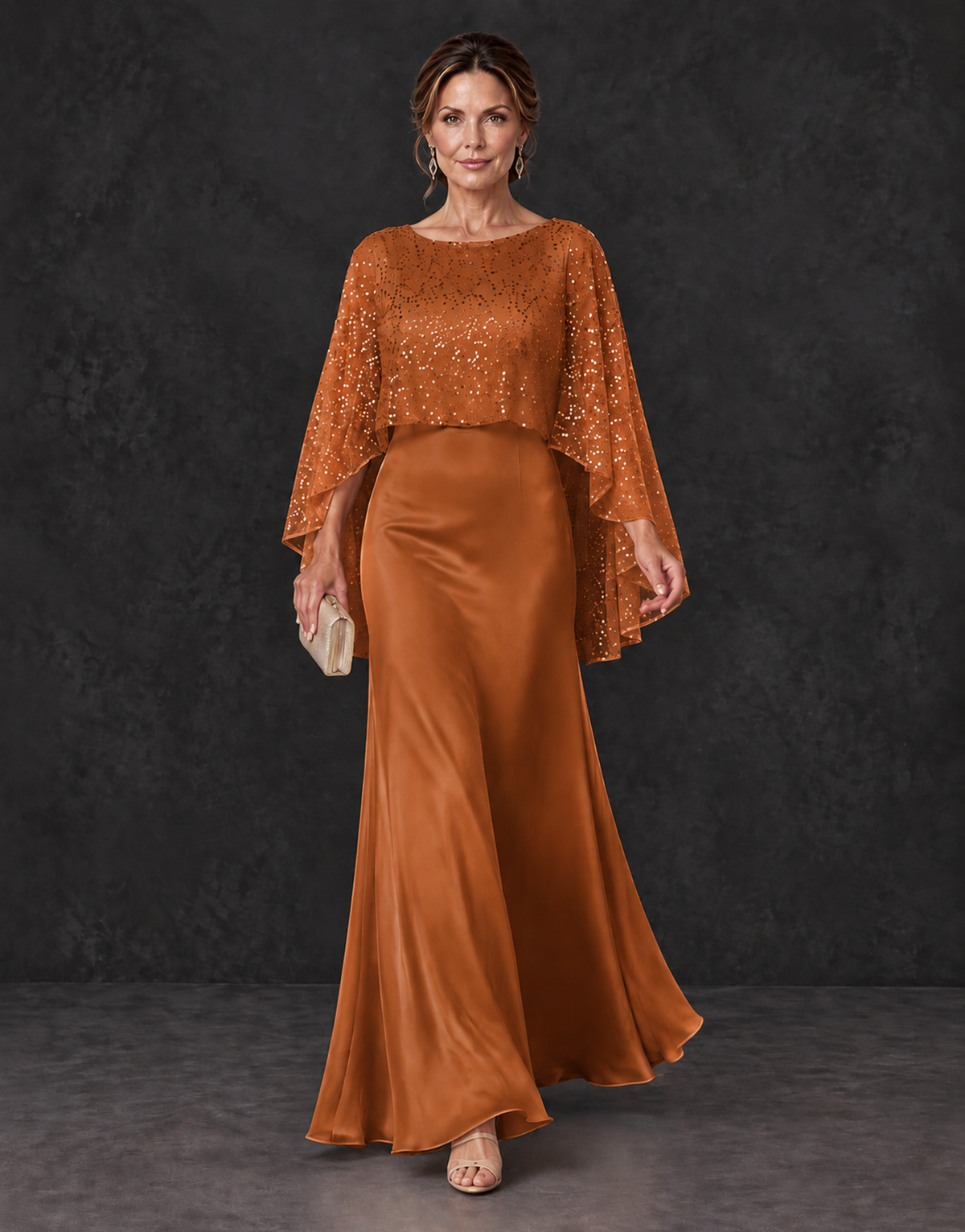 BOLODOO Burnt Orange Sparkle Cape Sleeve Mother of the Bride Dress - Burnt Orange - Burnt_Orange_4