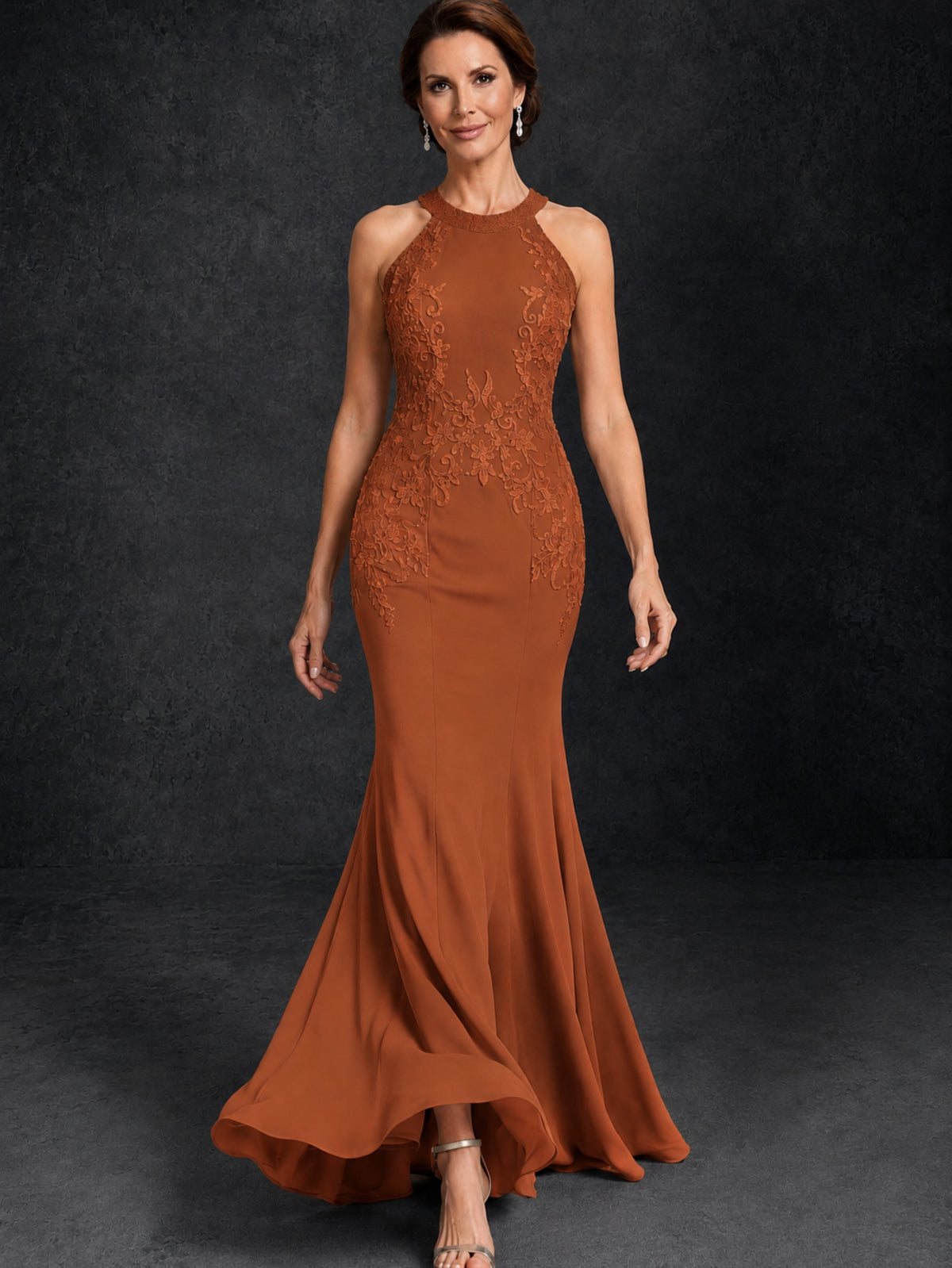 BOLODOO Burnt Orange Lace Applique Halter Neck Sheer Back Mermaid Maxi Dress with Sweep Train - Burnt Orange
