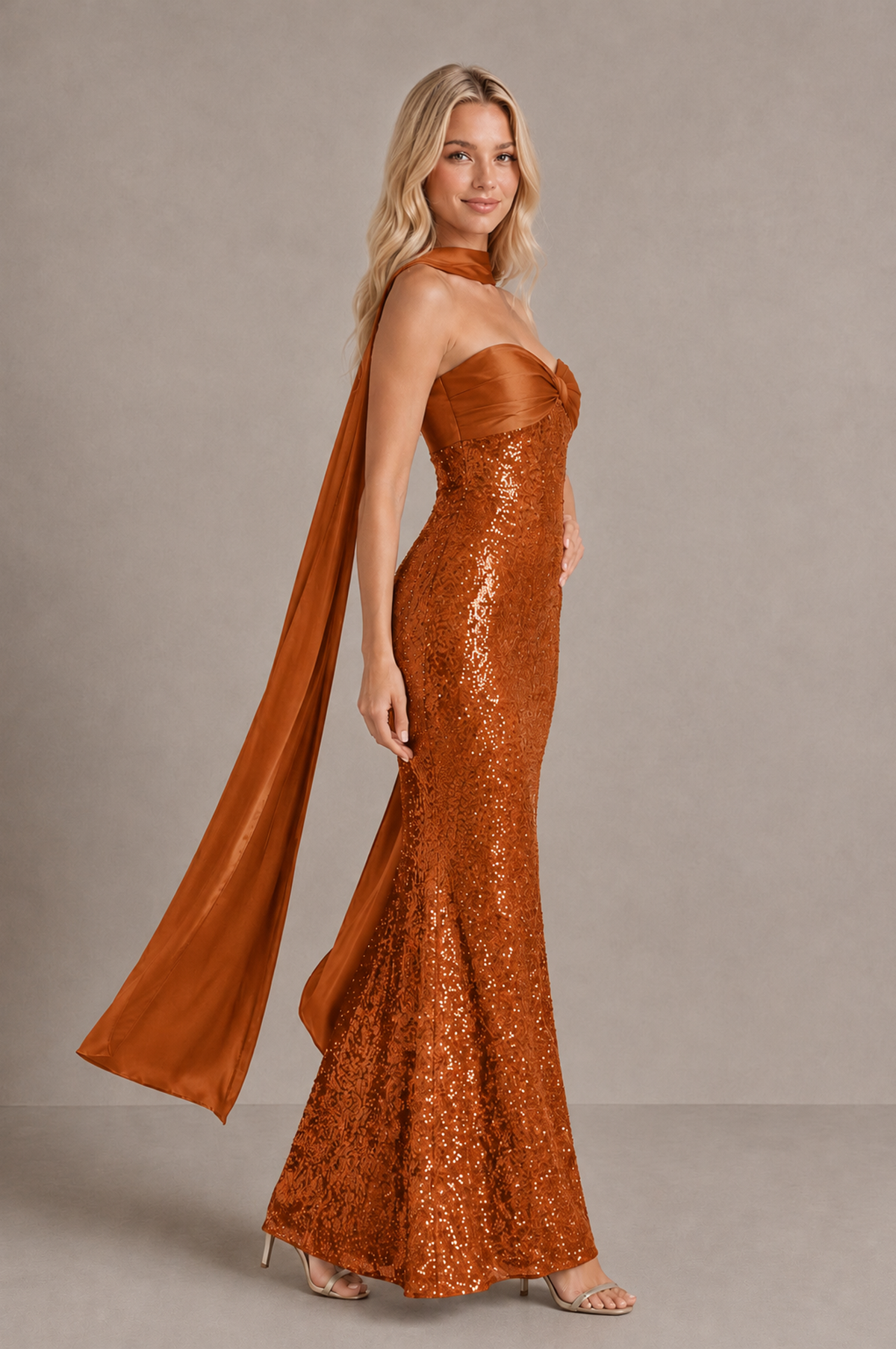 BOLODOO Burnt Orange Strapless Sweetheart Evening Dress with Scarf - Burnt Orange - Burnt_Orange_4