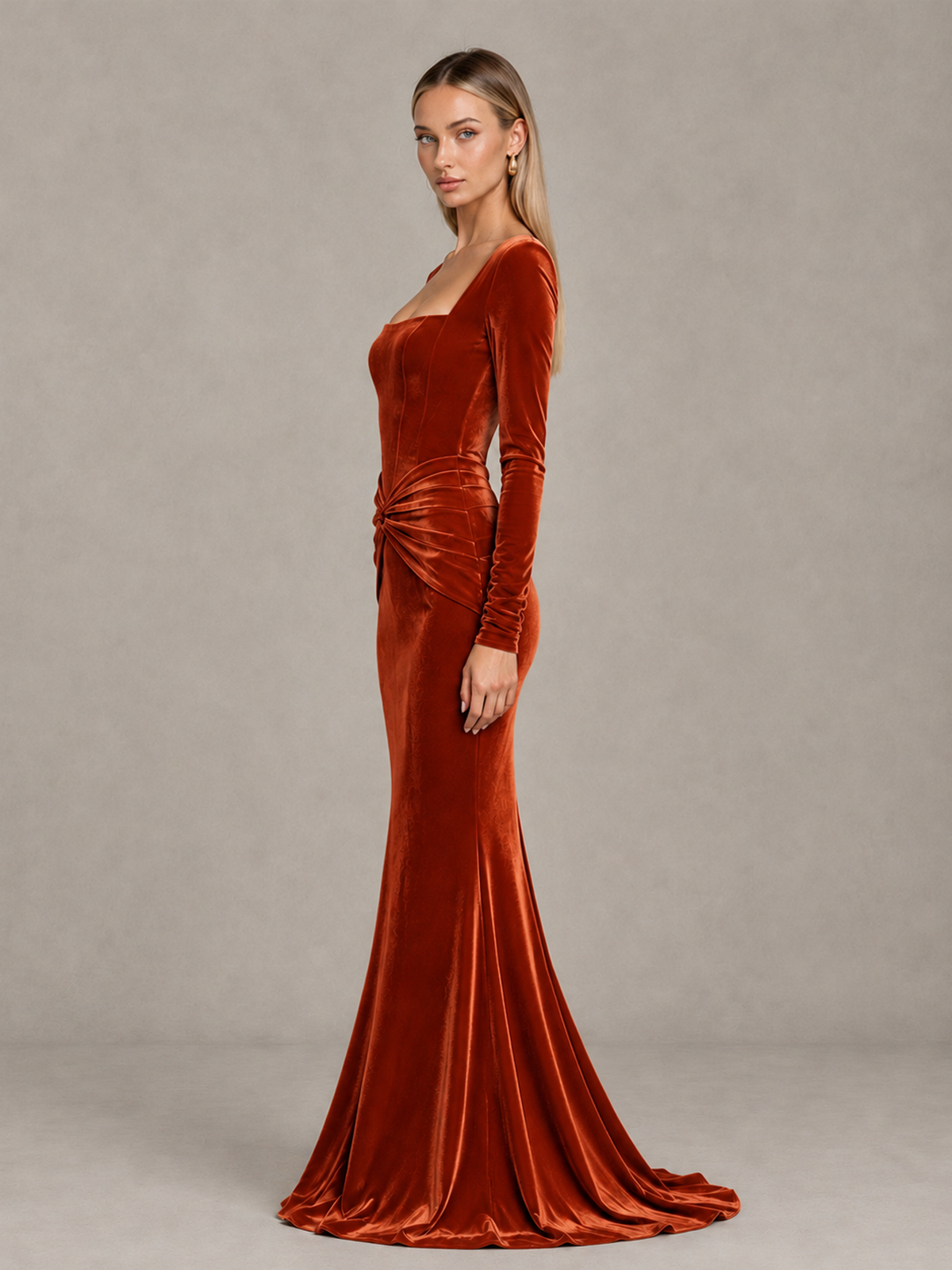 BOLODOO Burnt Orange Velvet-Look Square Neck Long Sleeve Mermaid Evening Dress - Burnt Orange - Burnt Orange_4