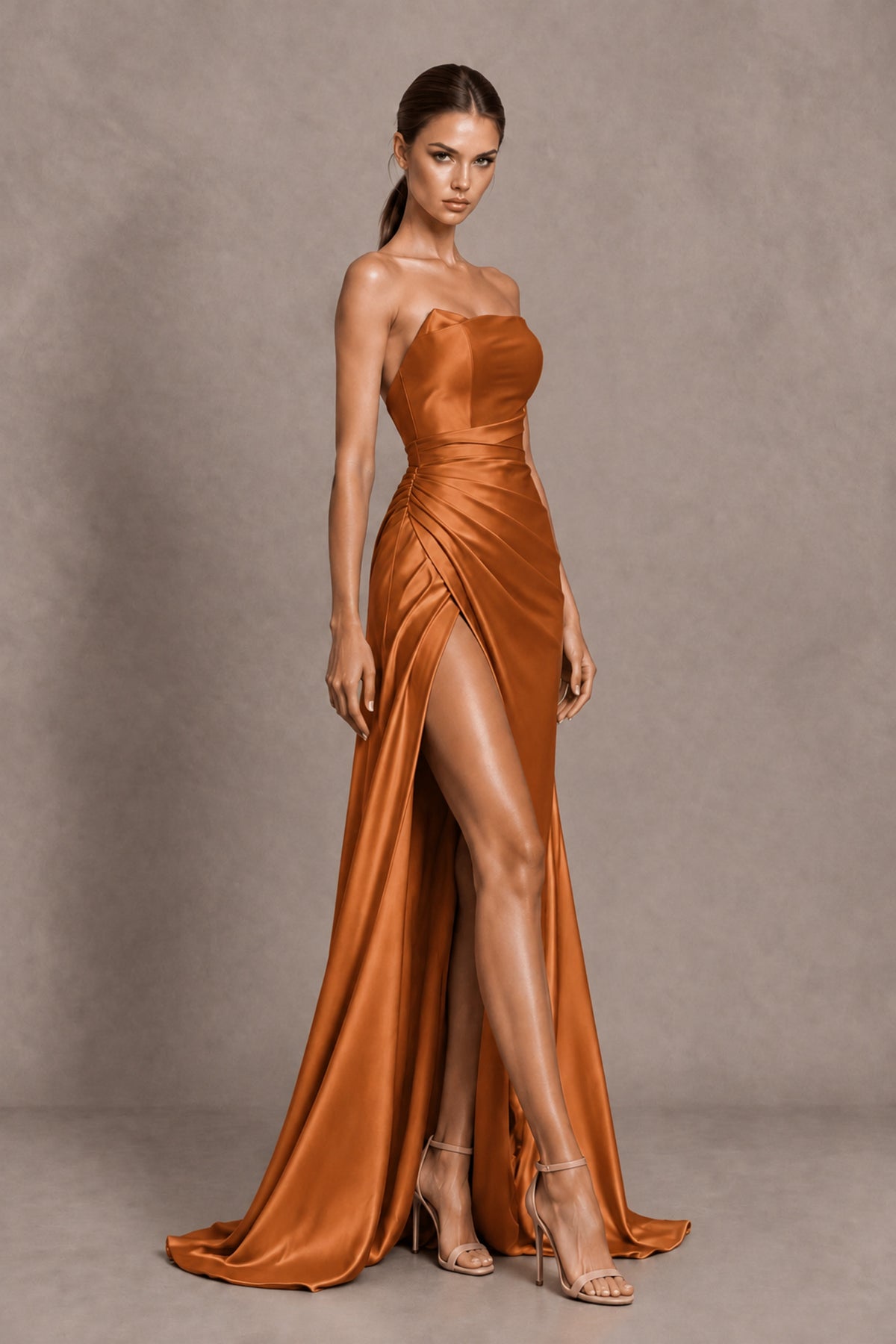 BOLODOO Burnt Orange Strapless Ruched Satin-Look Evening Dress with High Slit - Burnt Orange - Burnt Orange_4
