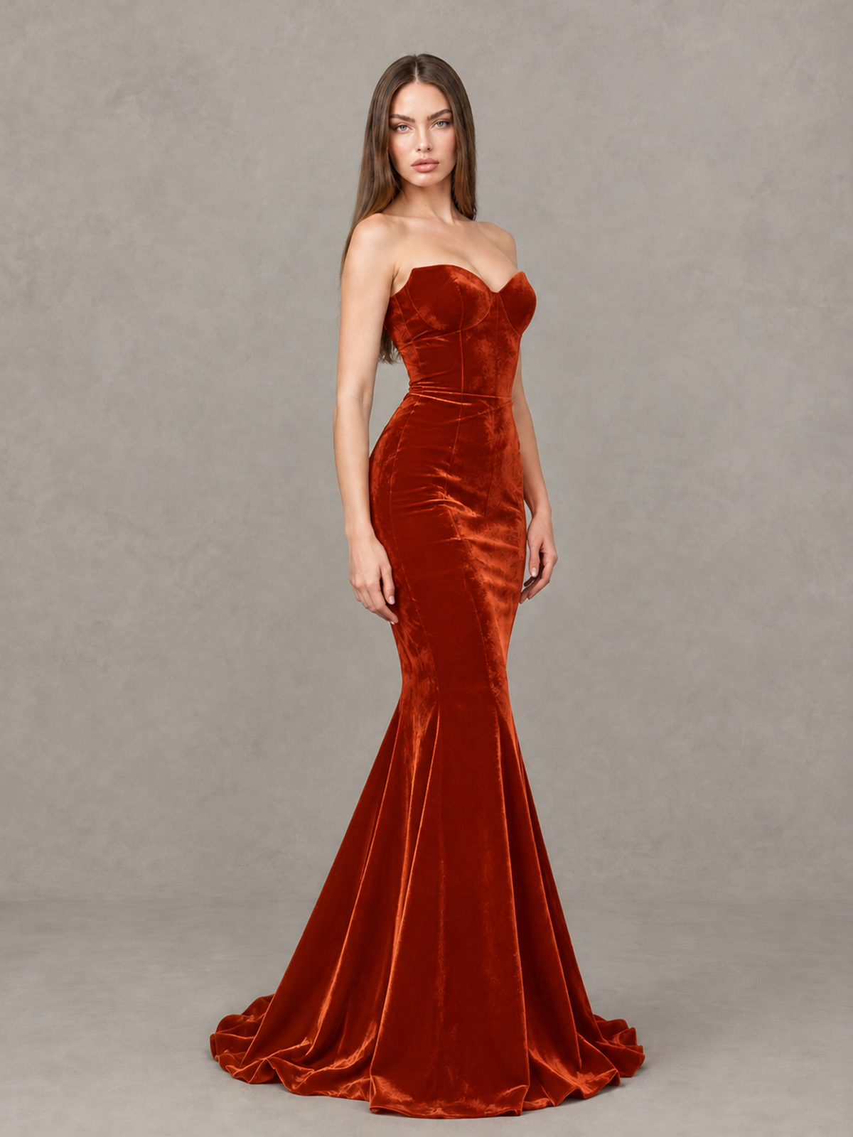 BOLODOO Burnt Orange Strapless Sweetheart Velvet-Look Mermaid Evening Dress - Burnt Orange - Burnt Orange_4