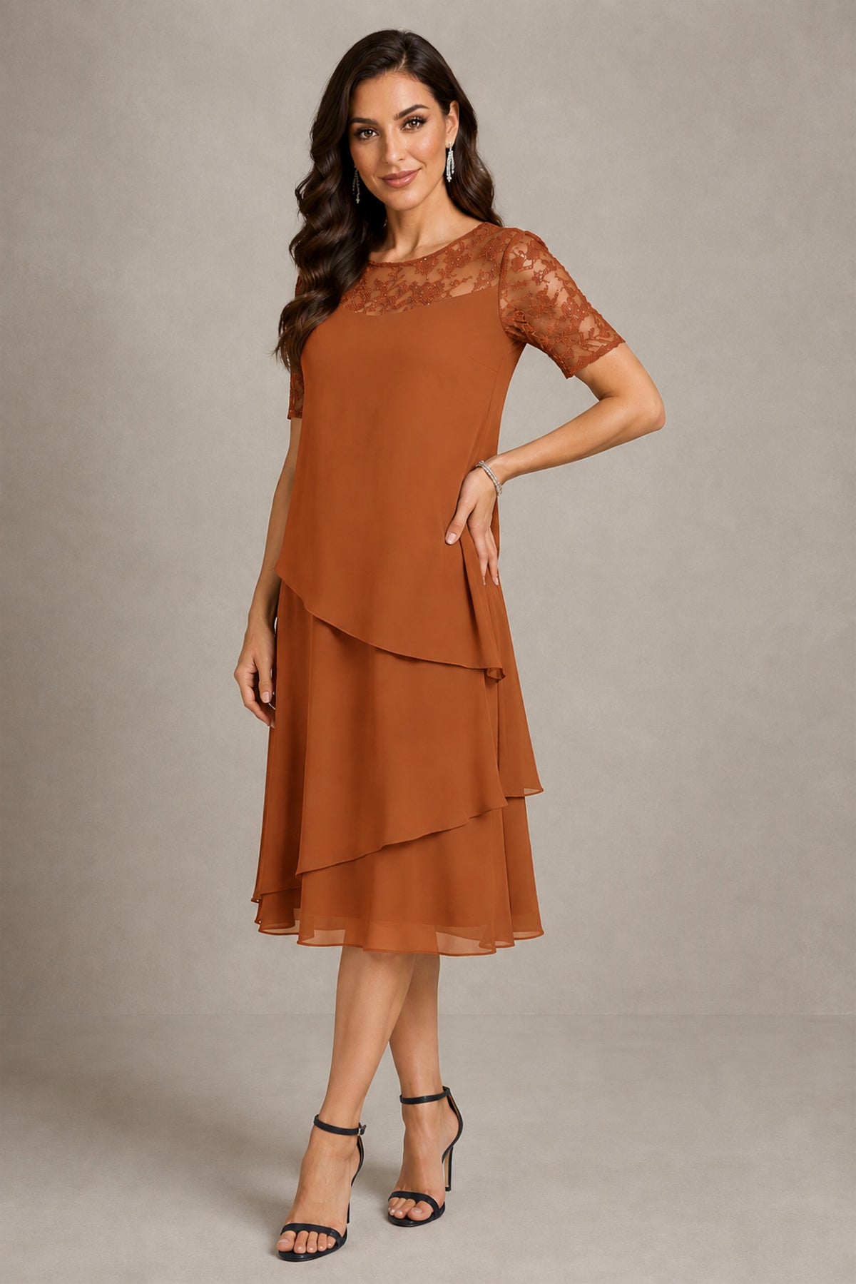 BOLODOO Burnt Orange Illusion Lace Short Sleeve Tiered Chiffon Tea Length Dress | Mother of the Bride Midi Dress - Burnt Orange