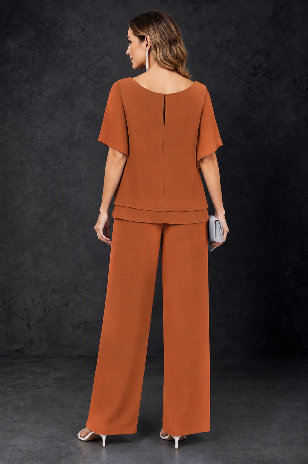 BOLODOO Burnt Orange Layered Chiffon-Look Mother of the Bride Pantsuit - Burnt Orange - Burnt_Orange_4
