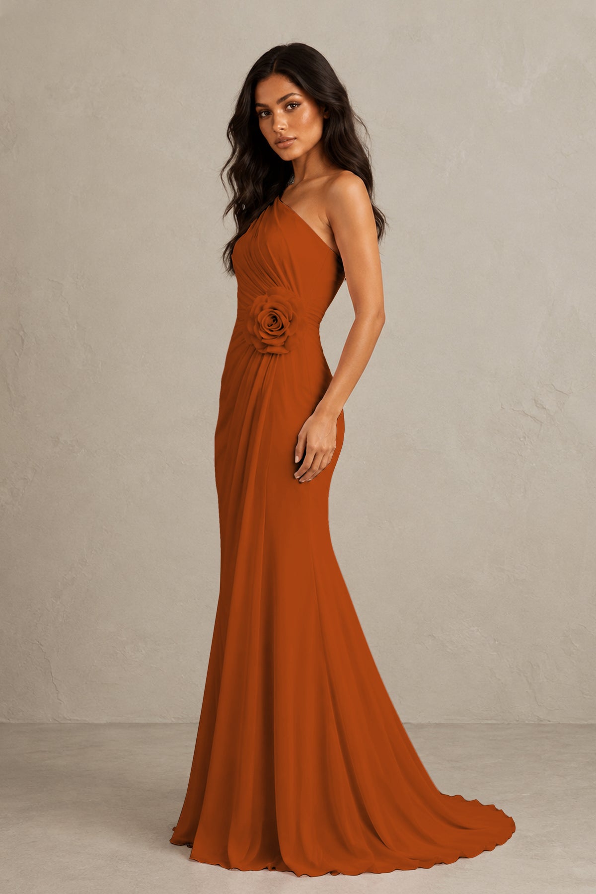 BOLODOO Burnt Orange One-Shoulder Floral Ruched Maxi Dress - Burnt Orange