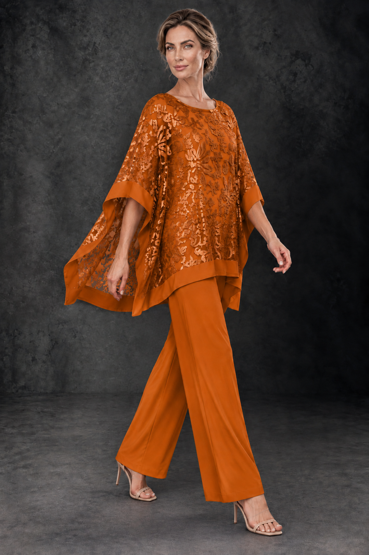 BOLODOO Burnt Orange Floral Cape Mother of the Bride Pant Suit - Burnt Orange - Burnt_Orange_4