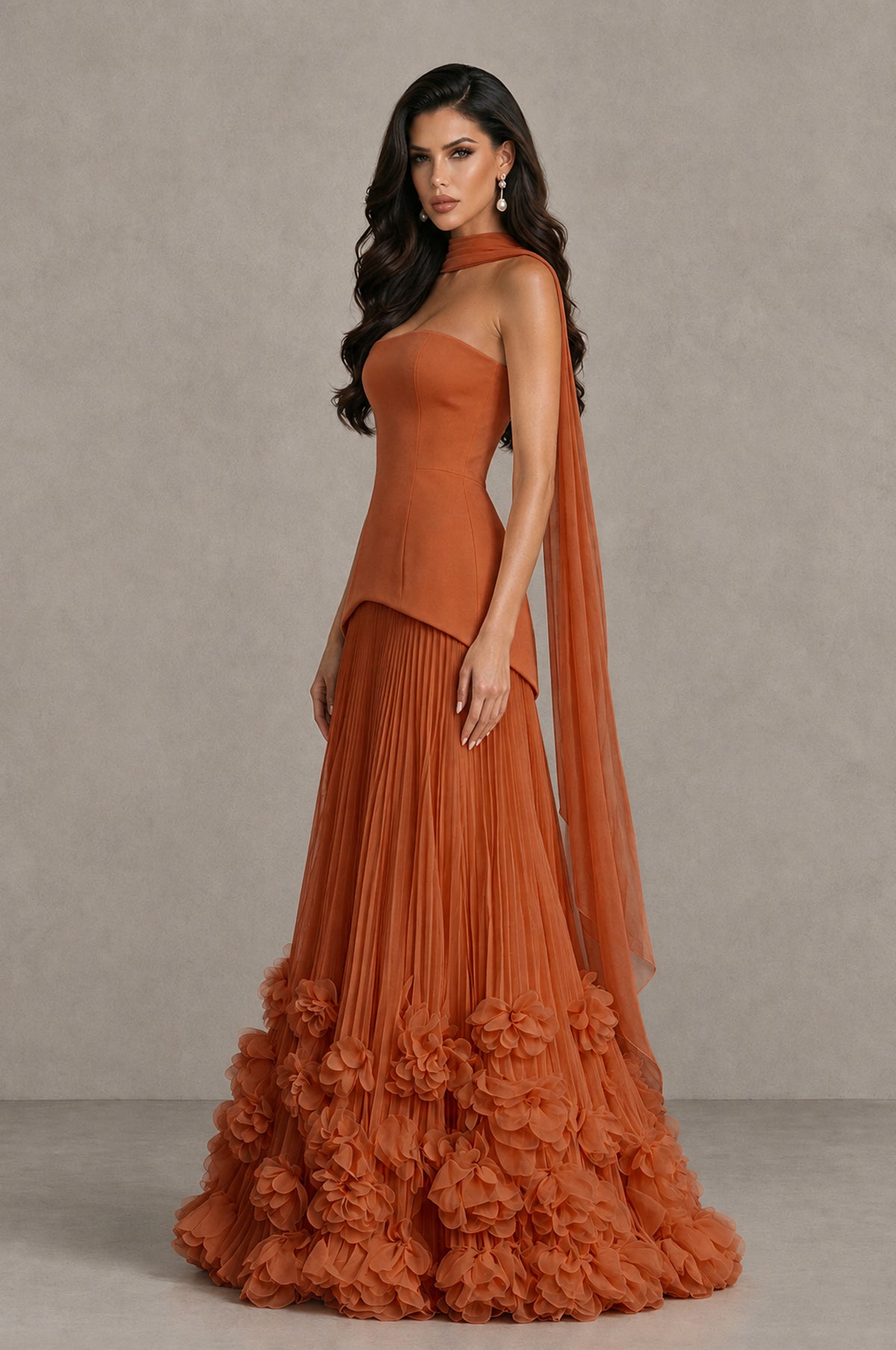 BOLODOO Burnt Orange Strapless Pleated Floral Hem Evening Gown - Burnt Orange - Burnt Orange_4