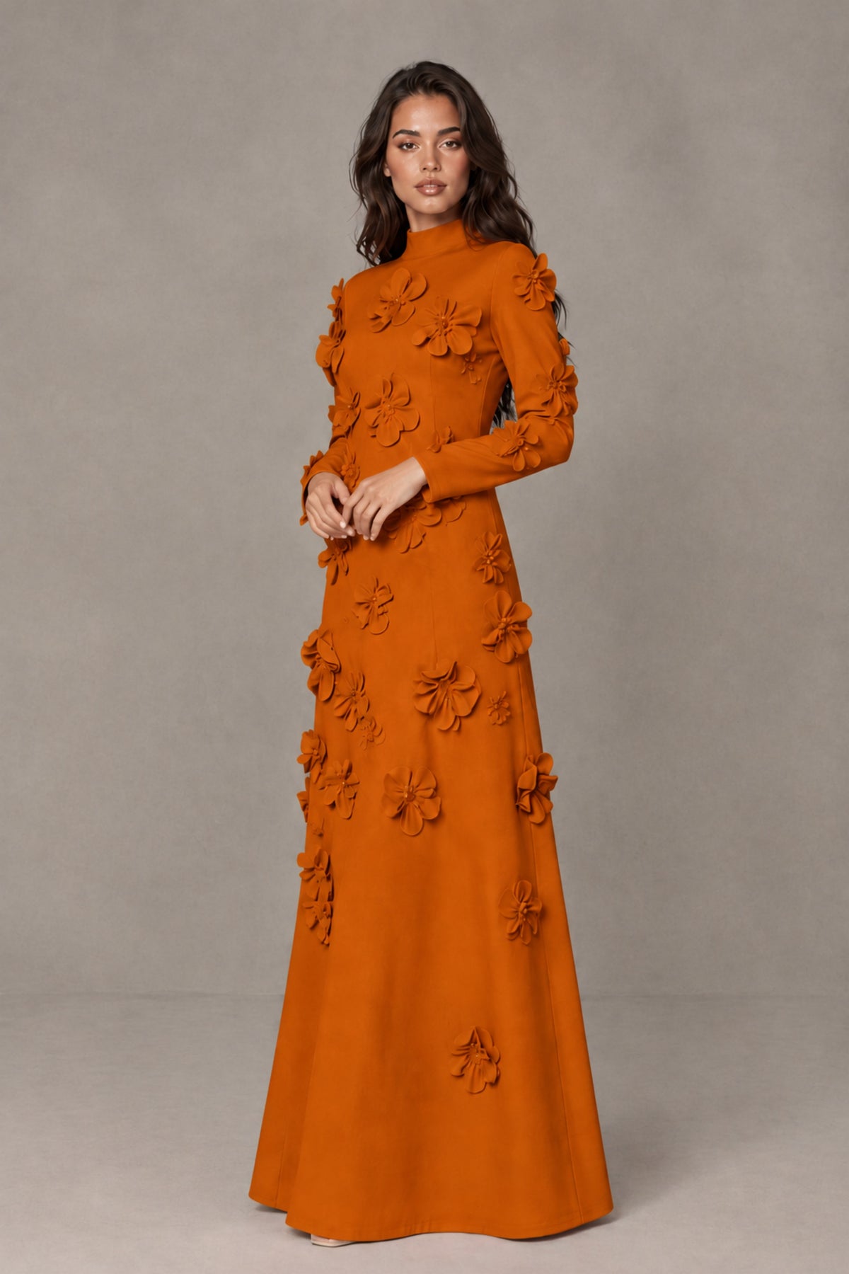 BOLODOO Burnt Orange High Neck Long Sleeve 3D Floral Evening Gown - Burnt Orange