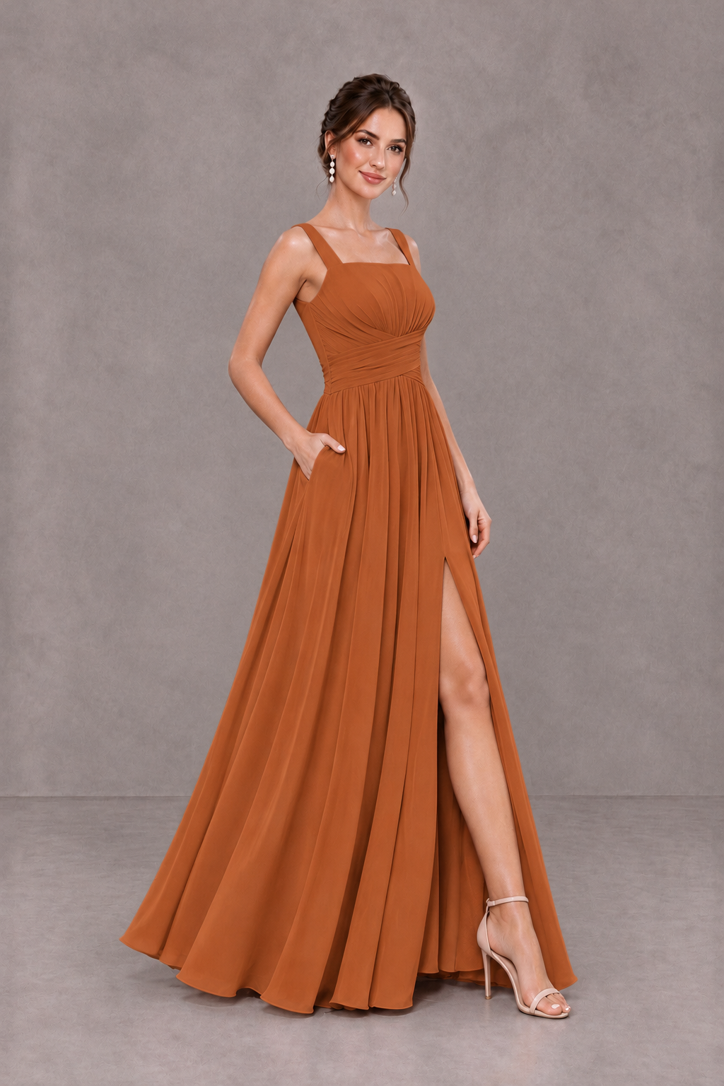 BOLODOO Burnt Orange Square Neck A-Line Bridesmaid Dress with Slit - Burnt Orange - Burnt Orange_4