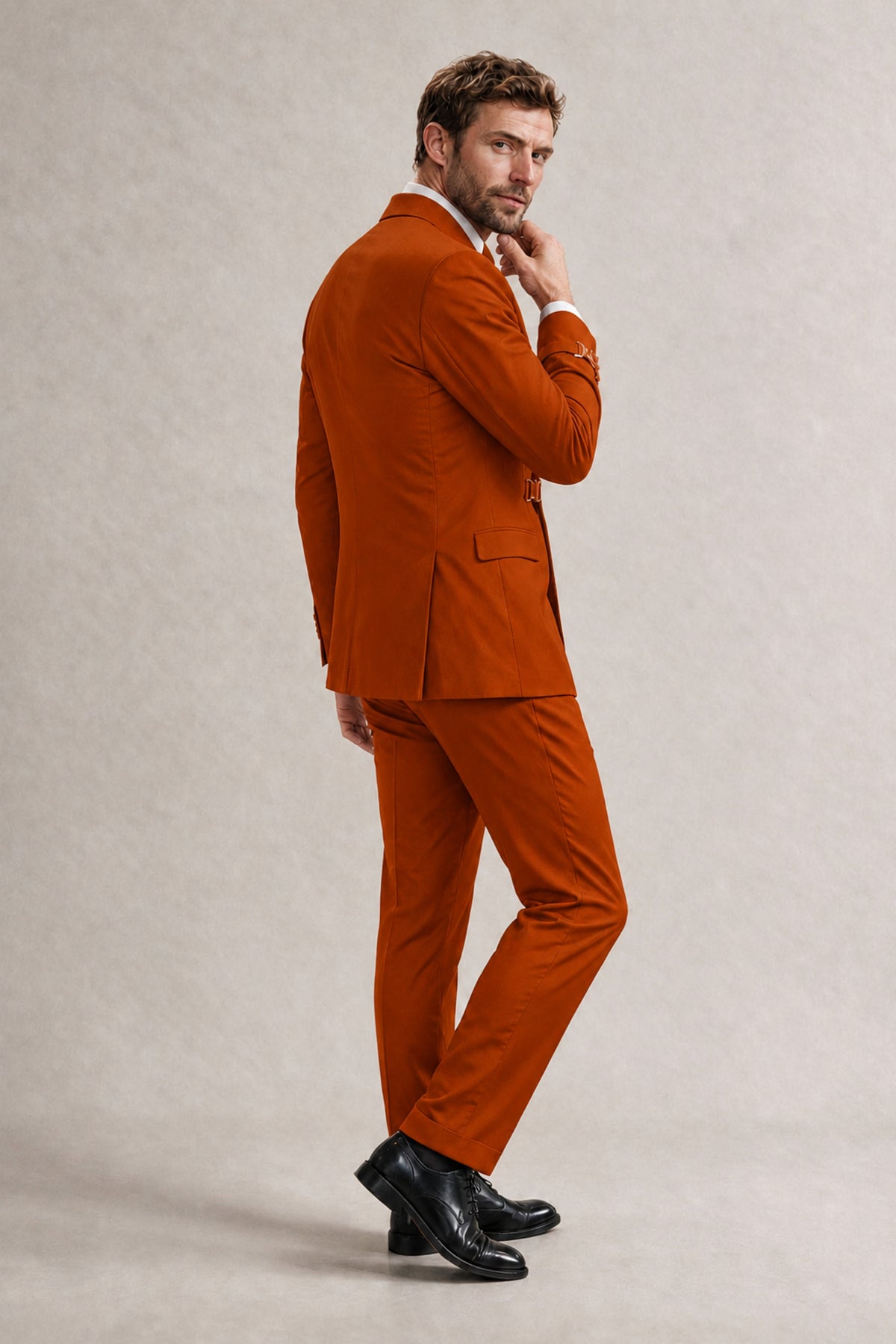 BOLODOO Men's Burnt Orange Double-Breasted 2-Piece Suit Set – Blazer & Tailored Trousers - Burnt Orange