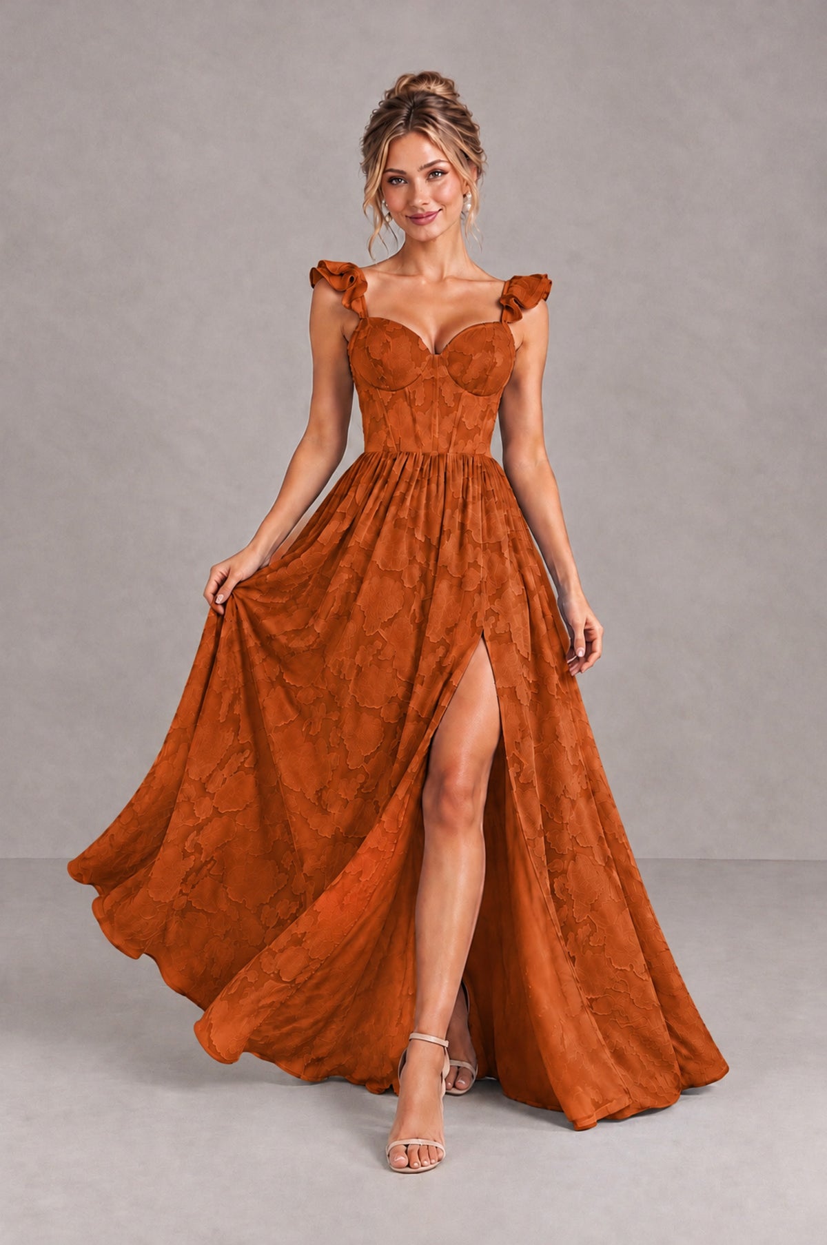 BOLODOO Burnt Orange Floral A-Line Bridesmaid Dress with Slit Ruffle Straps Maxi Gown - Burnt Orange - Burnt Orange_4