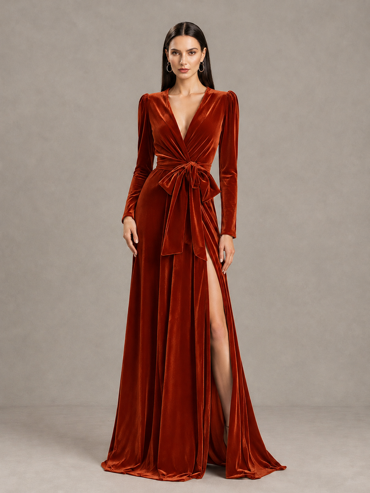 BOLODOO Burnt Orange Long Sleeve Velvet-Look Evening Dress with High Slit - Burnt Orange - Burnt Orange_4