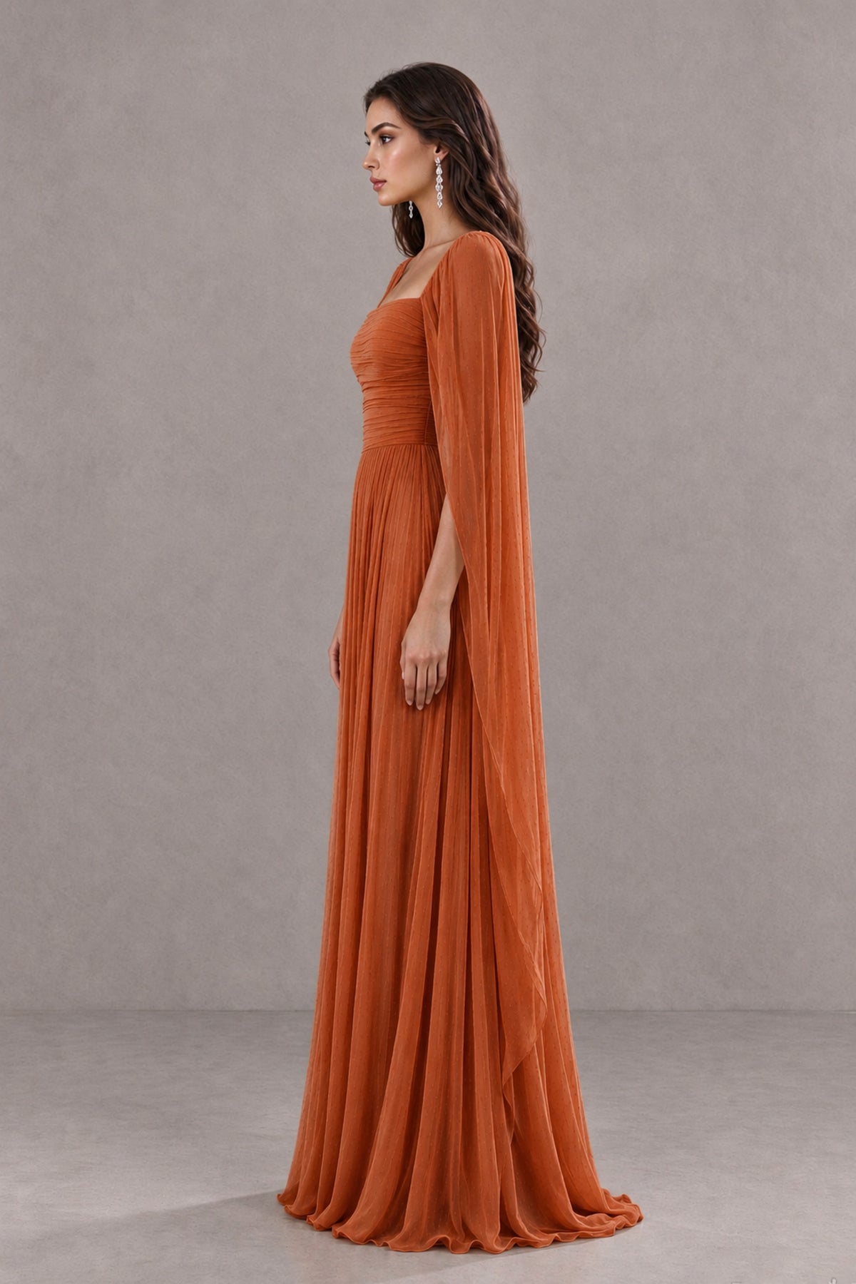 BOLODOO Burnt Orange Square Neck Cape Sleeve A-Line Evening Dress - Burnt Orange - Burnt_Orange_4