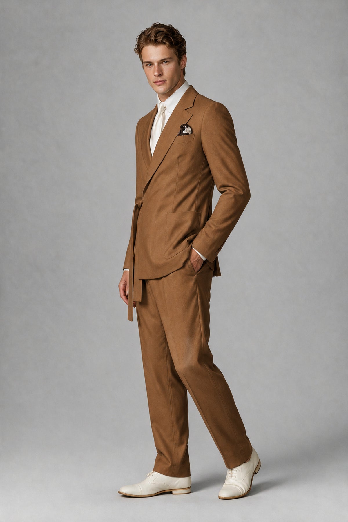 Bolodoo Men's Burnt Orange Wrap Tie-Waist Two-Piece Suit – Jacket & Trousers - Burnt Orange - Burnt Orange_4
