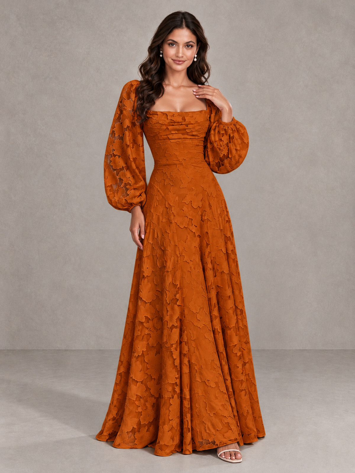 BOLODOO Burnt Orange Floral Long Sleeve A-Line Bridesmaid Dress - Burnt Orange - Burnt Orange_4