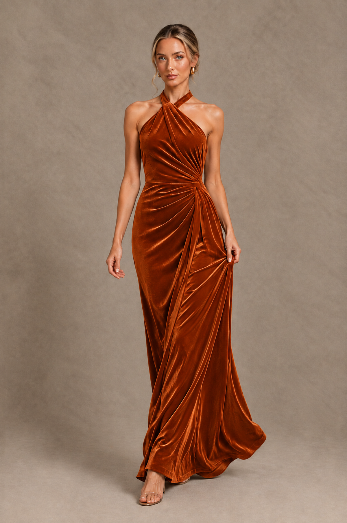 BOLODOO Burnt Orange Velvet Halter Open-Back Ruched Evening Dress - Burnt Orange - Burnt_Orange_4