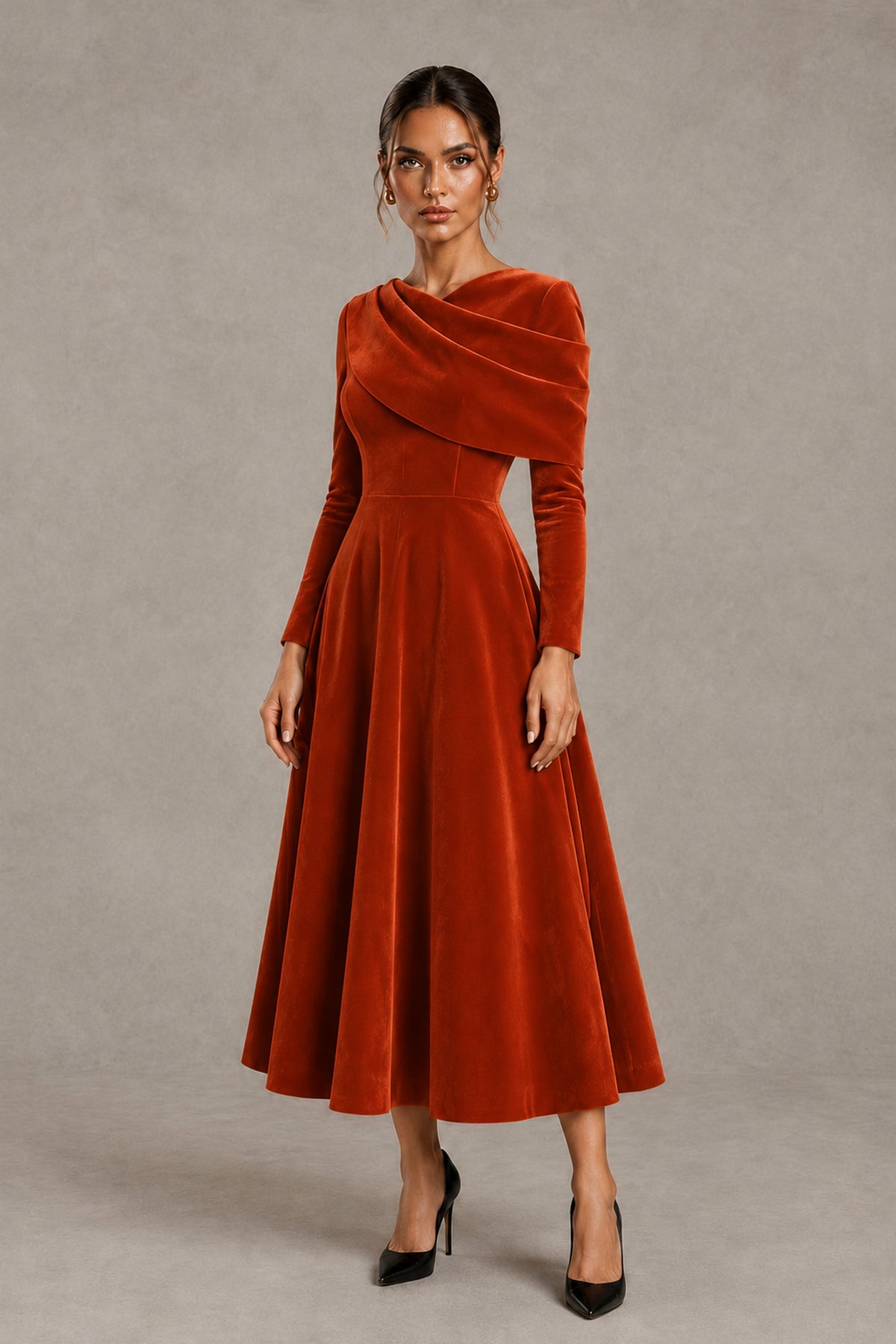 BOLODOO Burnt Orange Velvet-Look Long Sleeve Tea-Length A-Line Dress with Draped Neckline - Burnt Orange - Burnt Orange_4