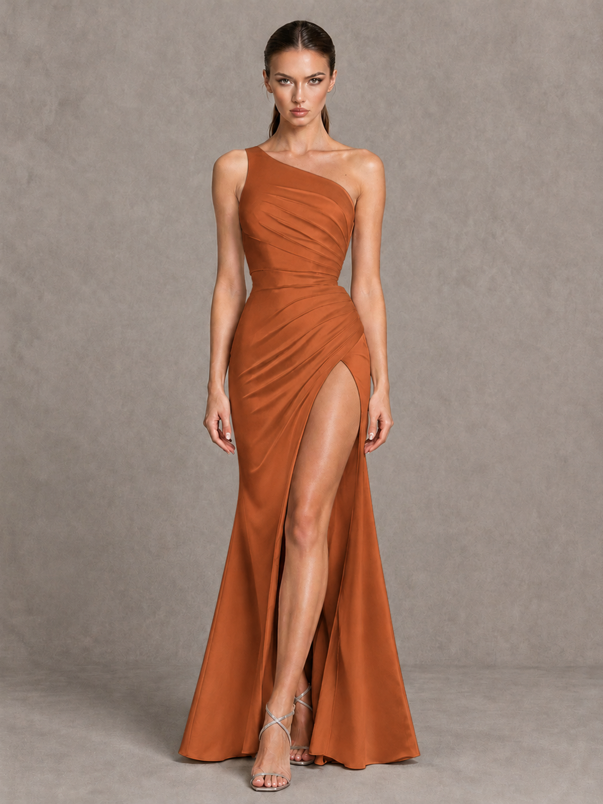 BOLODOO Burnt Orange One-Shoulder Ruched Satin-Look Evening Gown with High Slit - Burnt Orange - Burnt Orange_4