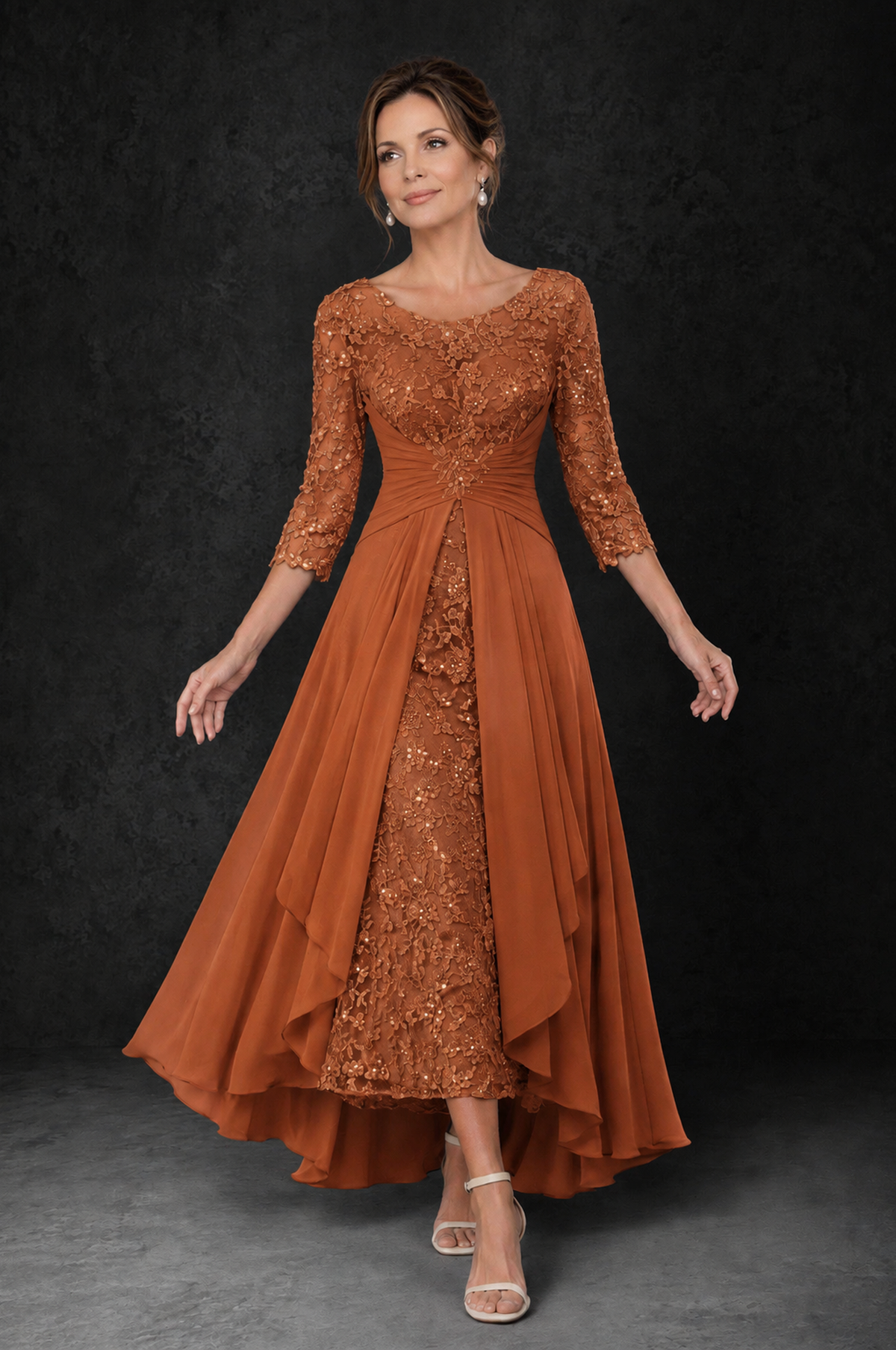BOLODOO Burnt Orange Sequin Lace & Chiffon Tea-Length Mother of the Bride Dress with 3/4 Sleeves - Burnt Orange