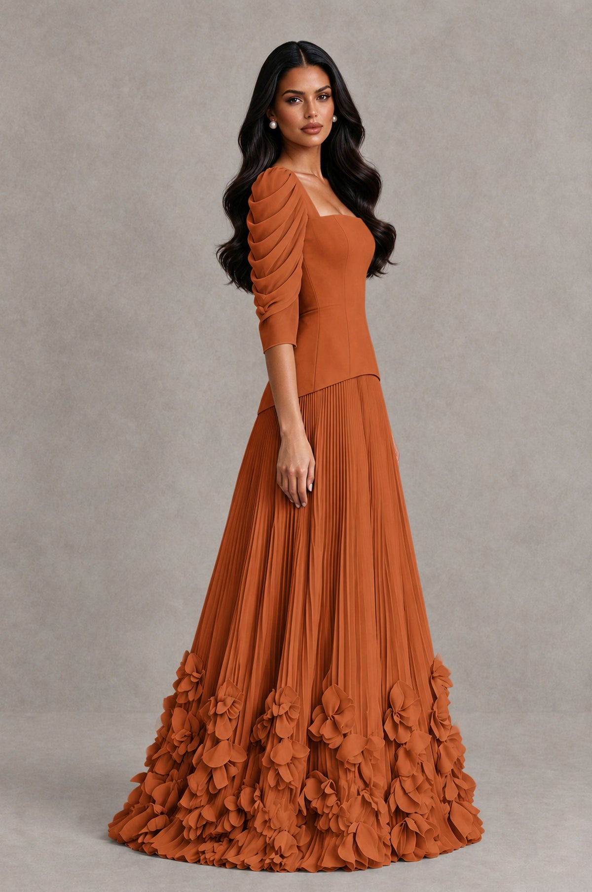 BOLODOO Burnt Orange Square Neck Pleated Floral Applique Evening Dress - Burnt Orange - Burnt Orange_4
