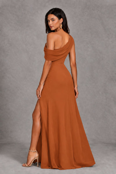 Burnt Orange One-Shoulder Floor-Length Evening Gown with High Slit - Burnt Orange