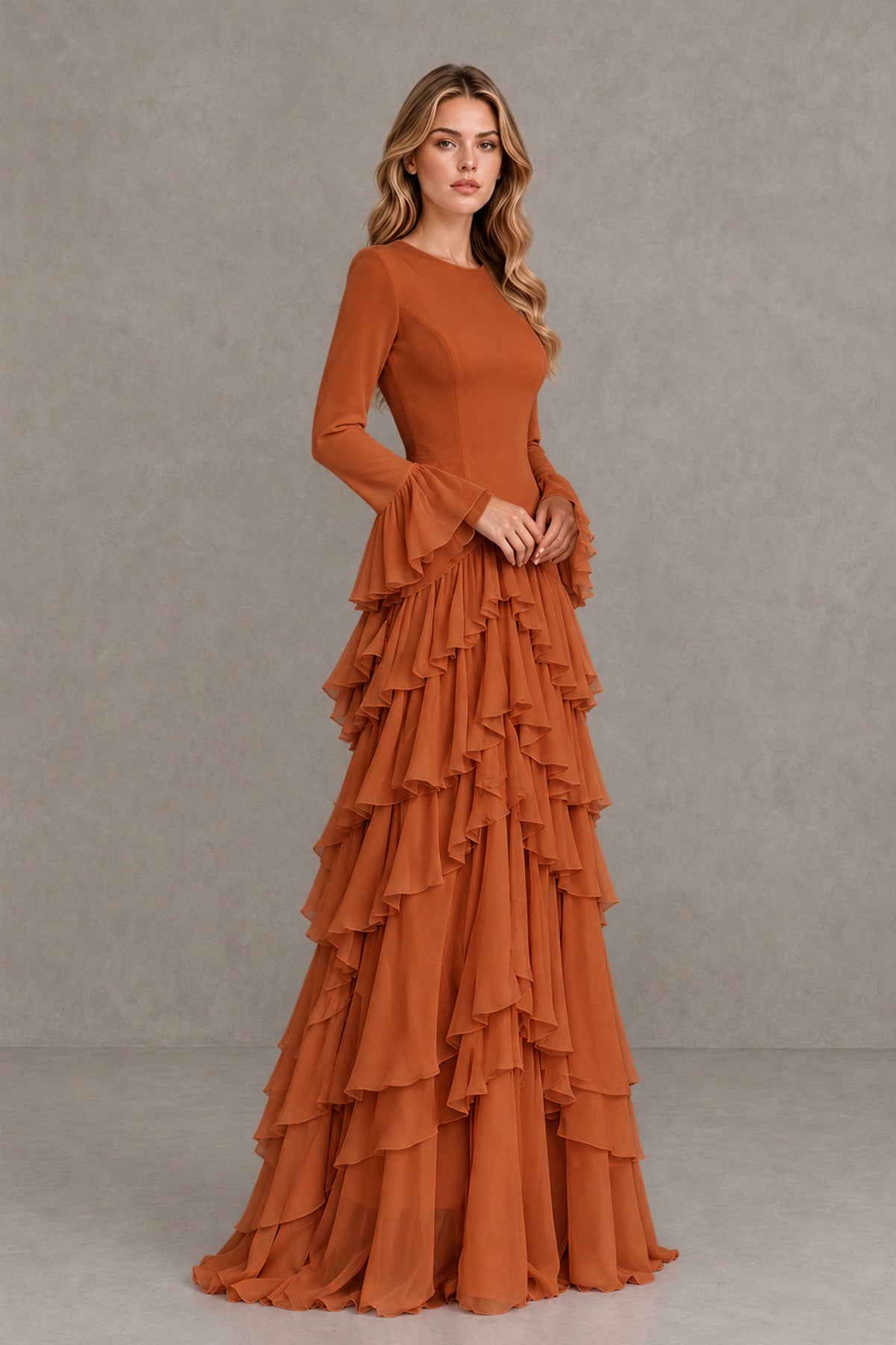 Burnt Orange Long Sleeve Tiered Ruffle Evening Gown - Burnt Orange - Burnt Orange_4