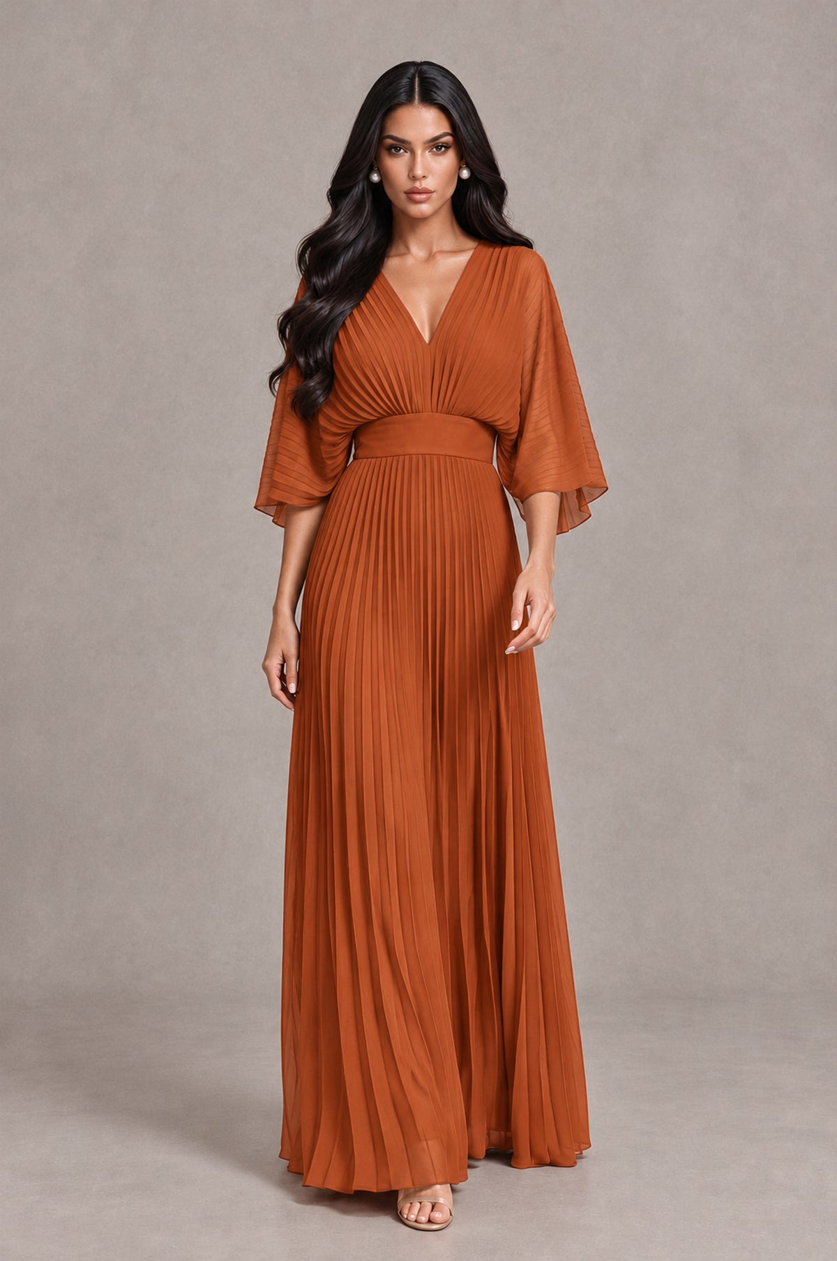 BOLODOO Burnt Orange V-Neck Pleated Flutter Sleeve Formal Dress - Burnt Orange - Burnt Orange_4