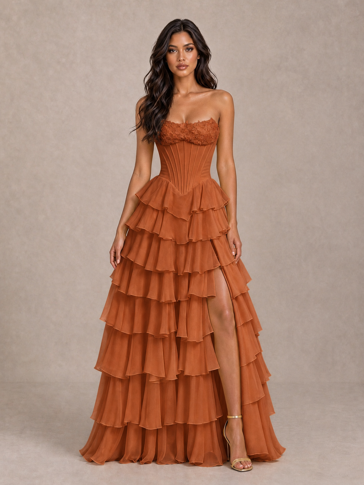 BOLODOO Burnt Orange Strapless Corset Tiered Ruffle Prom Dress with High Slit - Burnt Orange - Burnt Orange_4
